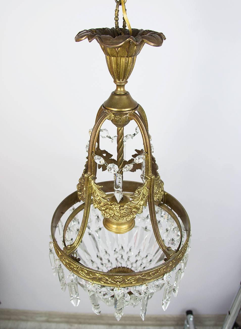 Italian Empire Style Brass and Crystal One-Light Chandelier For Sale 2