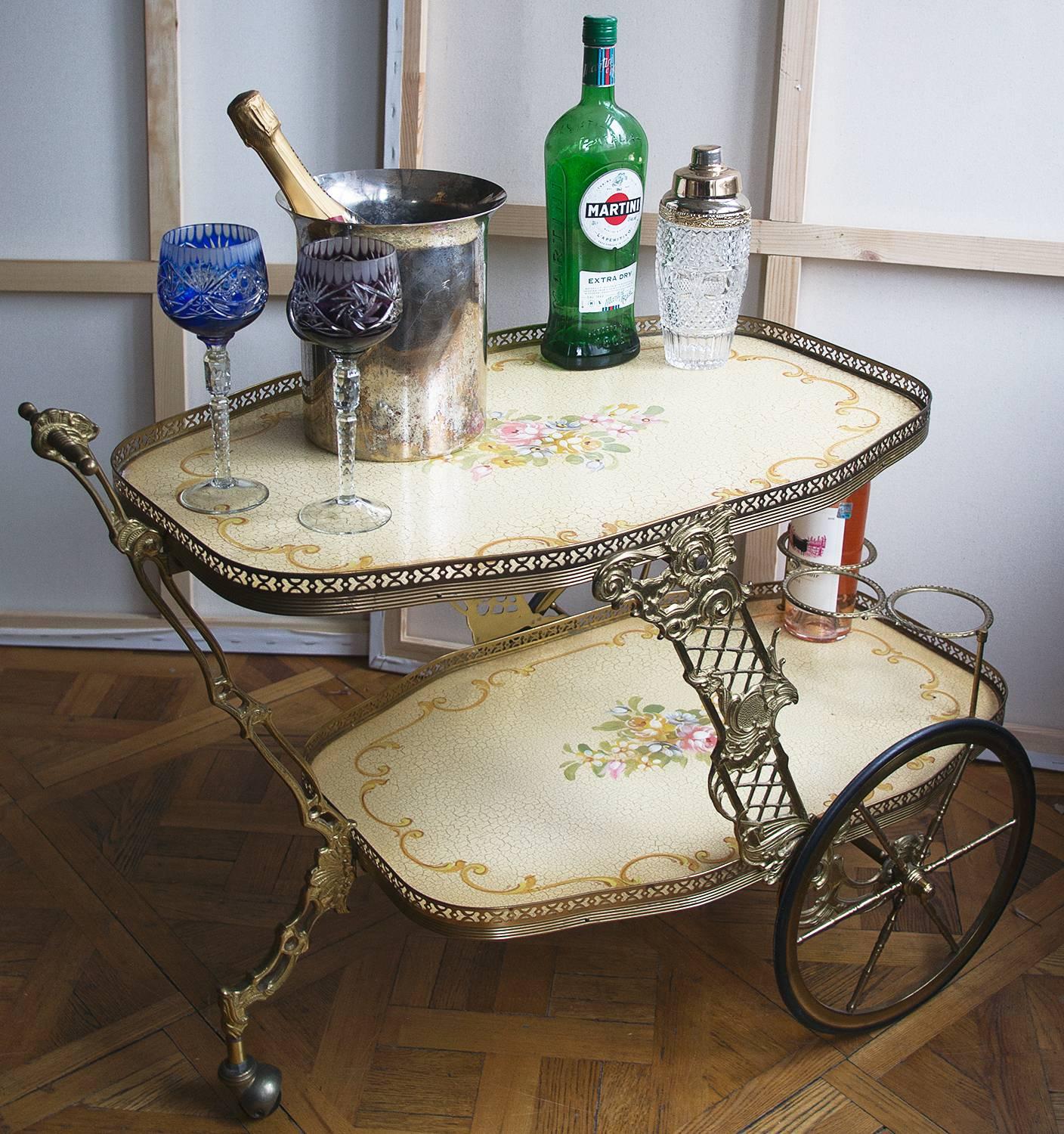 20th Century Vintage French Provence Style Brass and Wood Bar Cart, Trolley, Serving Cart For Sale