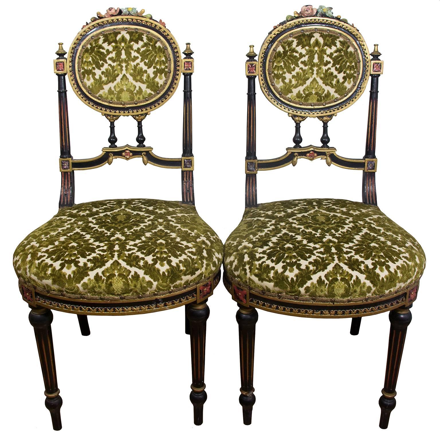 A pair of amazing 19th century painted carved wood and velvet side chairs.
Very good condition condition, old woodworm holes which are typical for antique wood items (please see all photos).

Measurements:
Full height: 88 cm / 35 inches.
Height