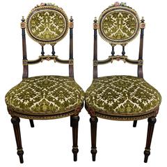 Pair of Italian Painted Carved Wood and Velvet Louis XVI Style Side Chairs