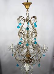 Italian Beaded Macaroni Cage Chandelier with Blue Murano Drops and Giltwood