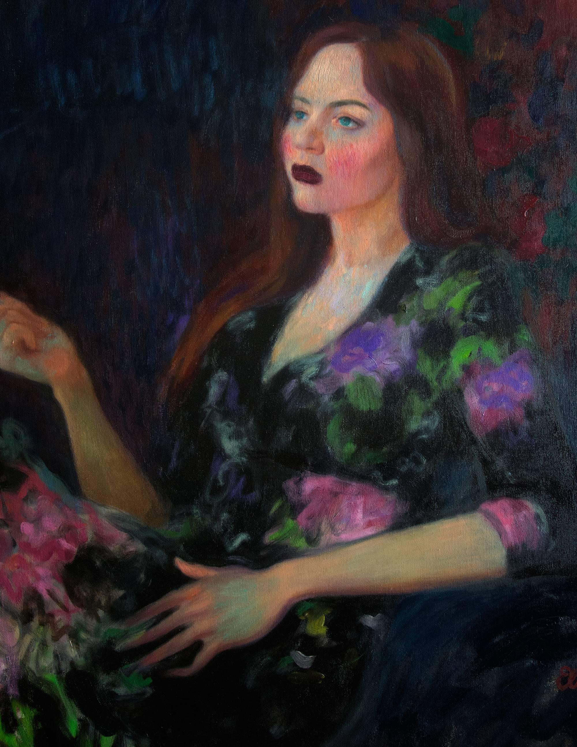 Title: The Witch 
Artist: Elina Arbidane (emerging contemporary figurative painter), Latvia. 
Original hand-painted portrait of a woman in black floral dress. 
Oil paints on canvas. 
Not a print or copy, only one available. 
Signed on the