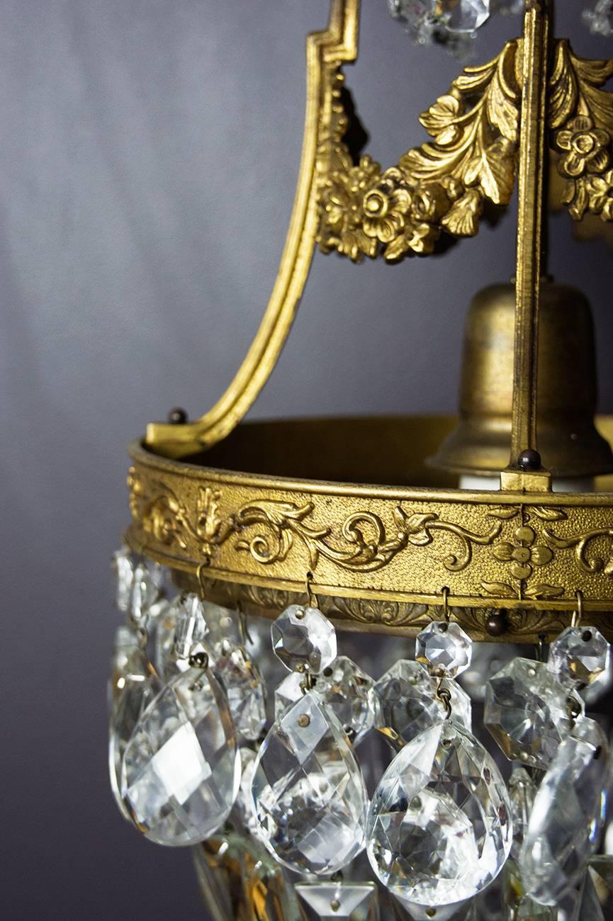 20th Century Italian Empire Style Brass and Crystal One-Light Chandelier For Sale
