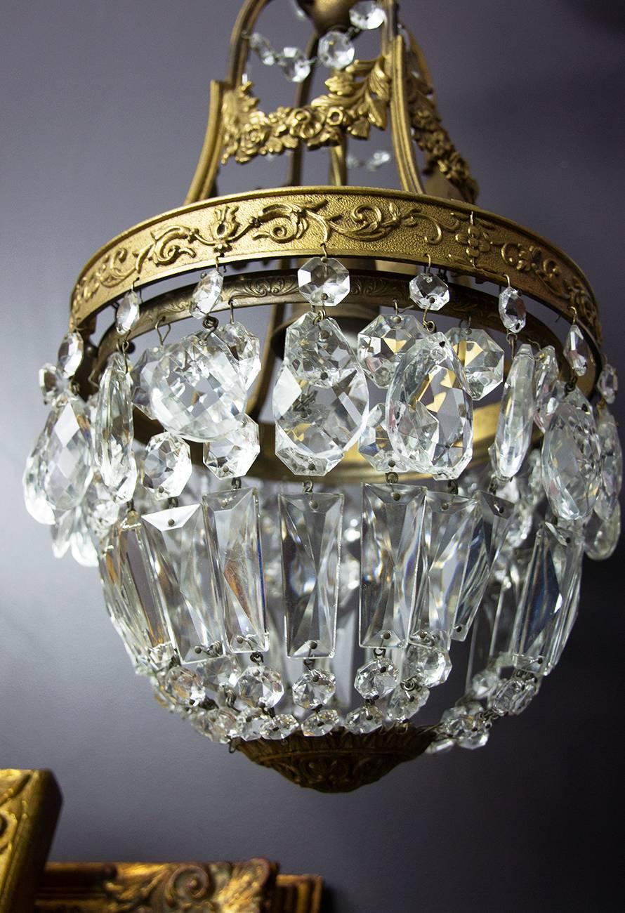 Italian Empire Style Brass and Crystal One-Light Chandelier For Sale 1