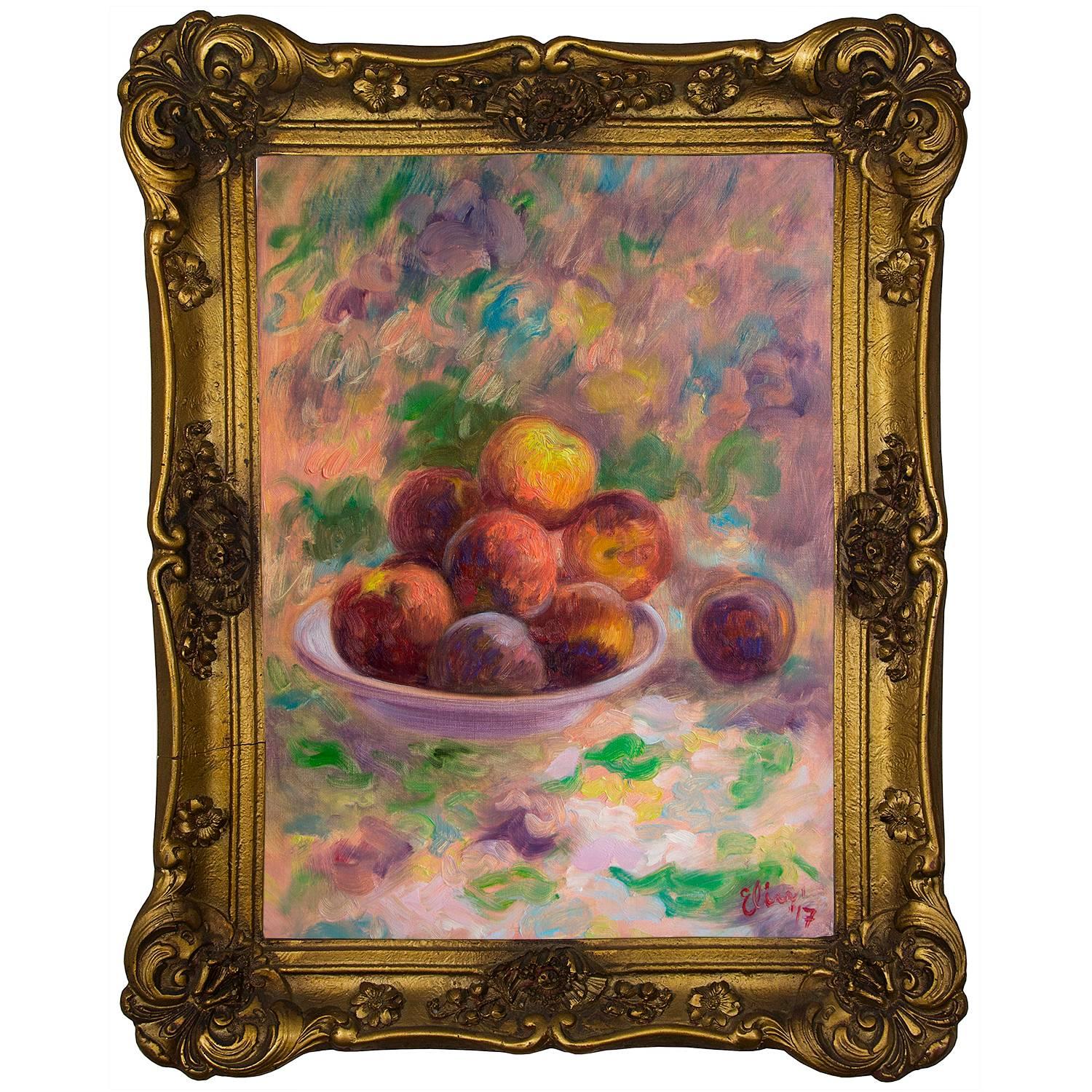 "Still Life with Peaches", Framed Painting Impressionist Original Oil on Canvas For Sale