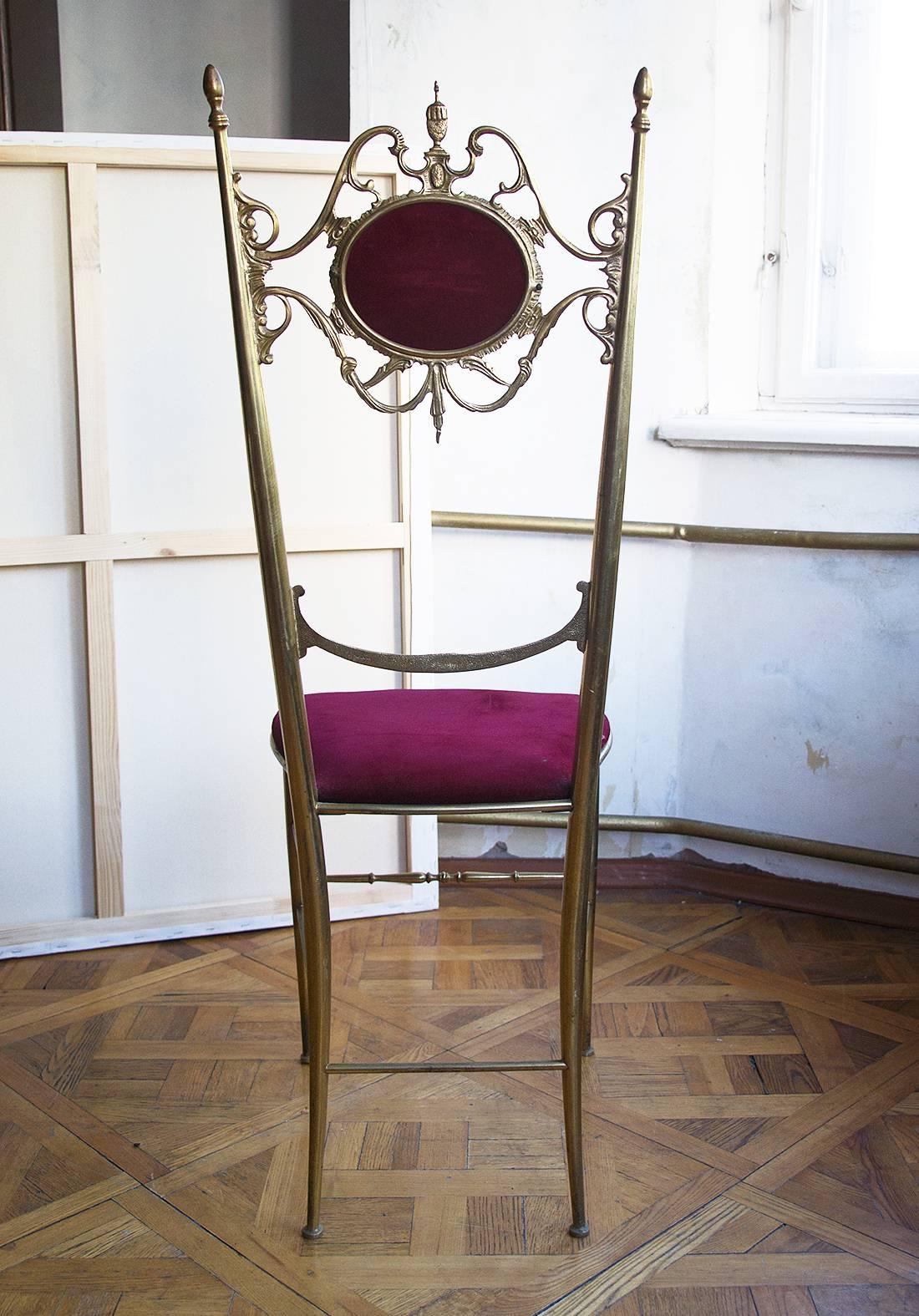 20th Century Vintage 1950s Italian Polished Brass Chiaviari Side Chair For Sale