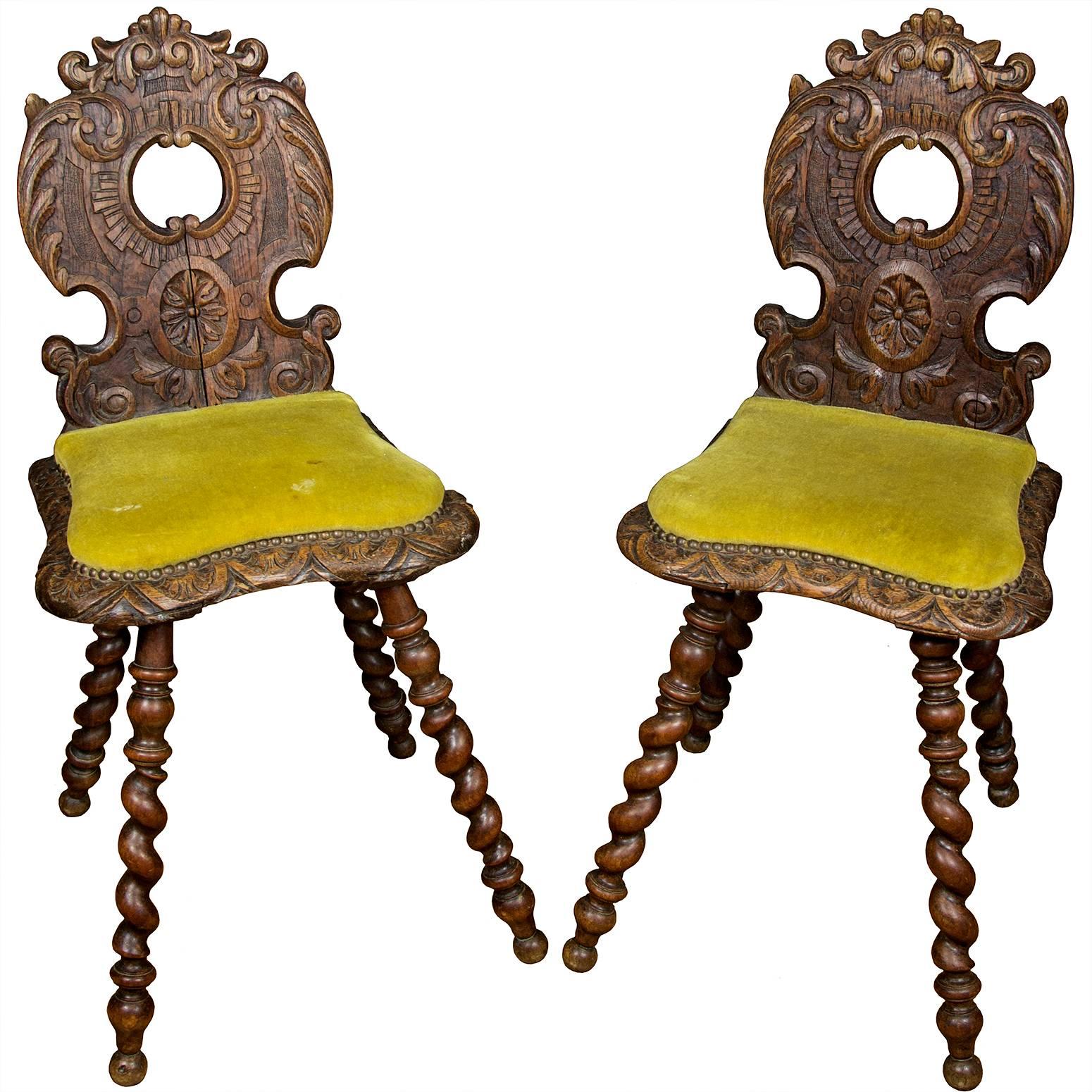 19th Century Pair of Carved Wood Renaissance Style Side Chairs with Spiral Legs