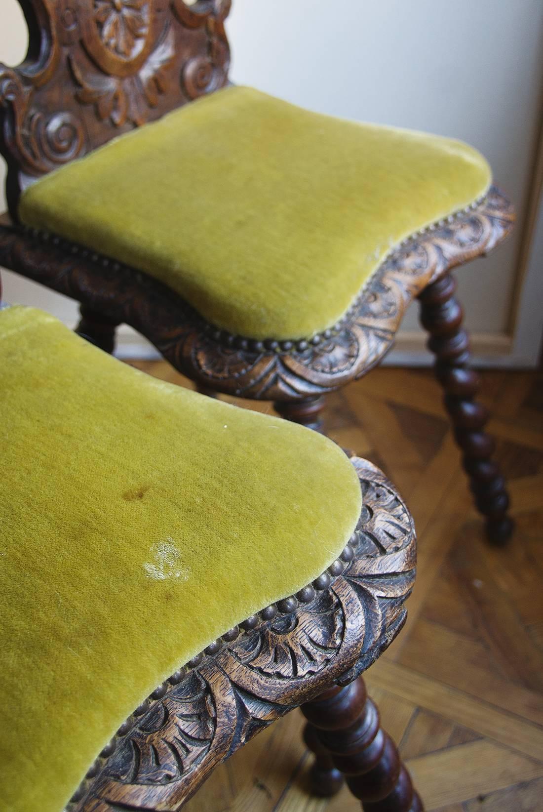 19th Century Pair of Carved Wood Renaissance Style Side Chairs with Spiral Legs 2