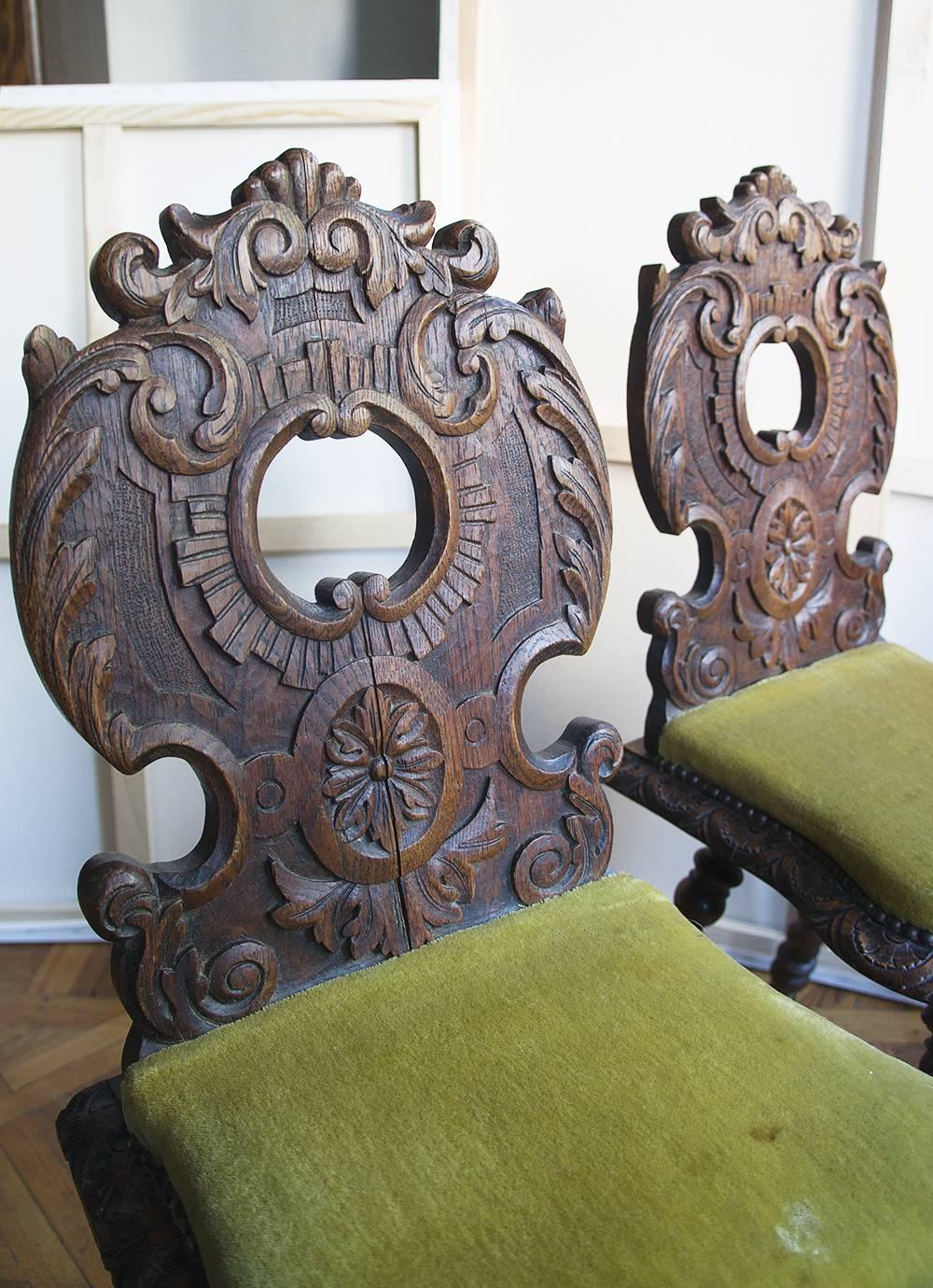 19th Century Pair of Carved Wood Renaissance Style Side Chairs with Spiral Legs 1