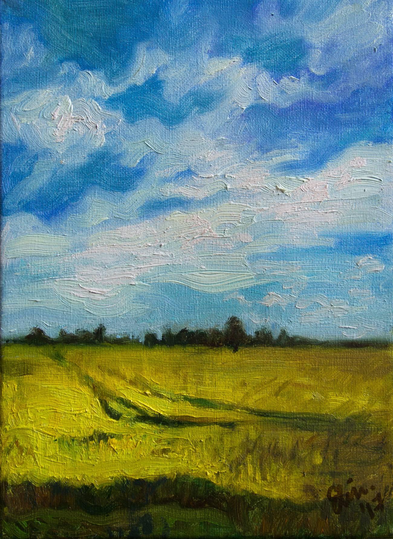 Title: Rapeseed field landscape
Artist: Elina Arbidane (emerging contemporary impressionism painter), Latvia
Original miniature hand-painted impressionist oil on canvas yellow rape field landscape
Not a print or copy, only one available
Unframed