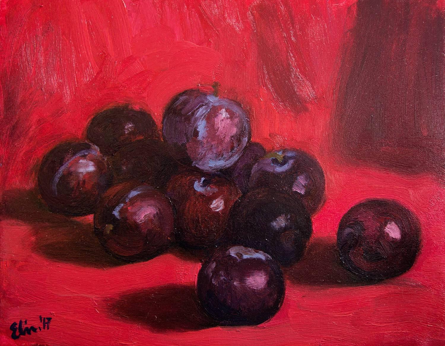 Title: Still Life with Supine Nere

Artist: Elina Arbidane (contemporary impressionist painter), Latvia 
Small original hand-painted alla prima oil on canvas still life with Susine Nere (Italian variety of plums) on red background
Painted in