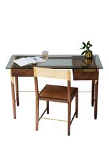 Writing Desk with Walnut, Maple, Brass and Glass Top