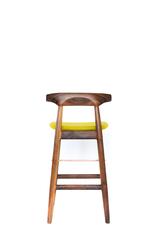 Tabouret haut en noyer et bois de cuivre avec tissu d'ameublement personnalisé en feutre sarcelle
