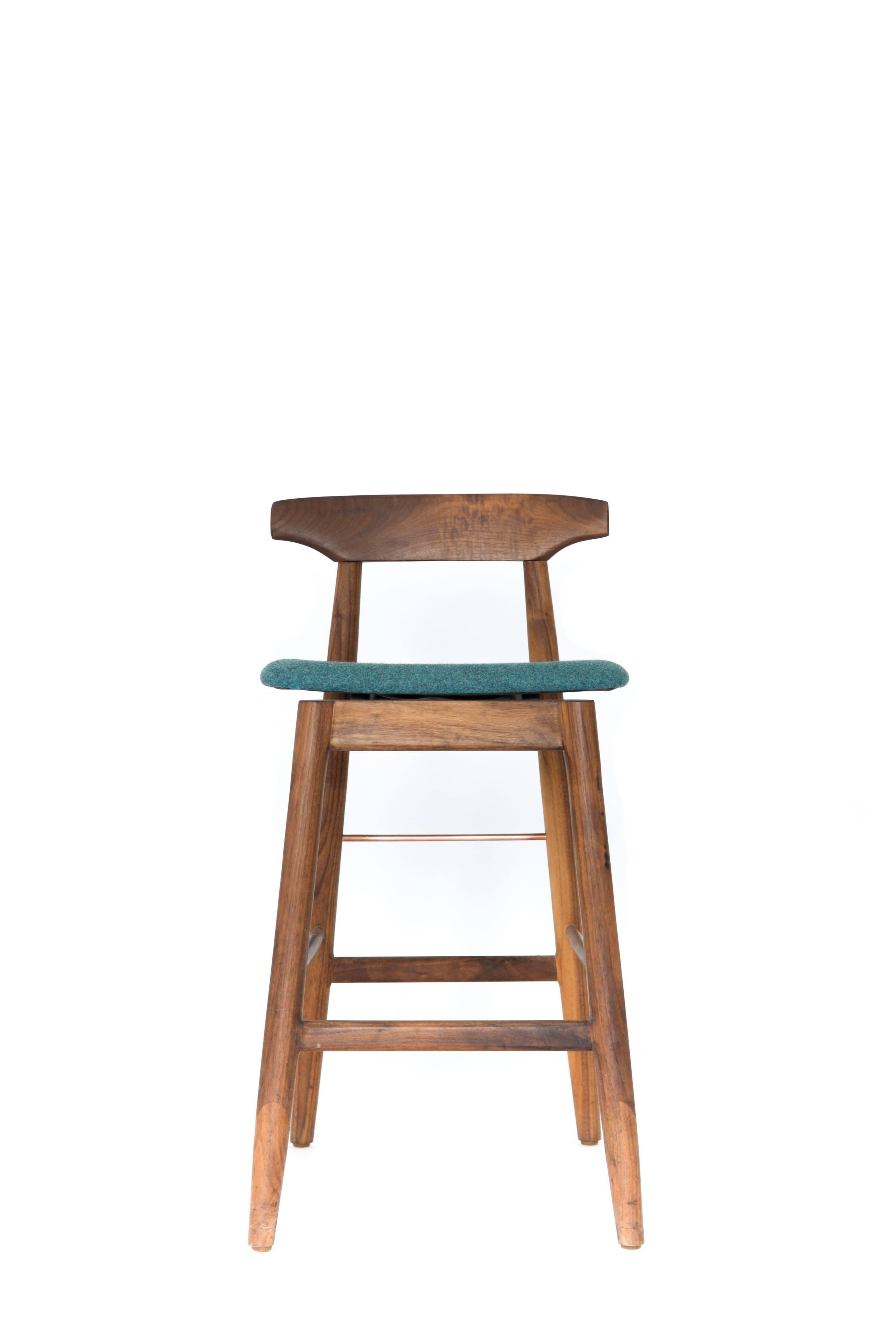 Hand-Crafted Walnut and Copper Wood High Stool with Custom Teal Felt Upholstery For Sale