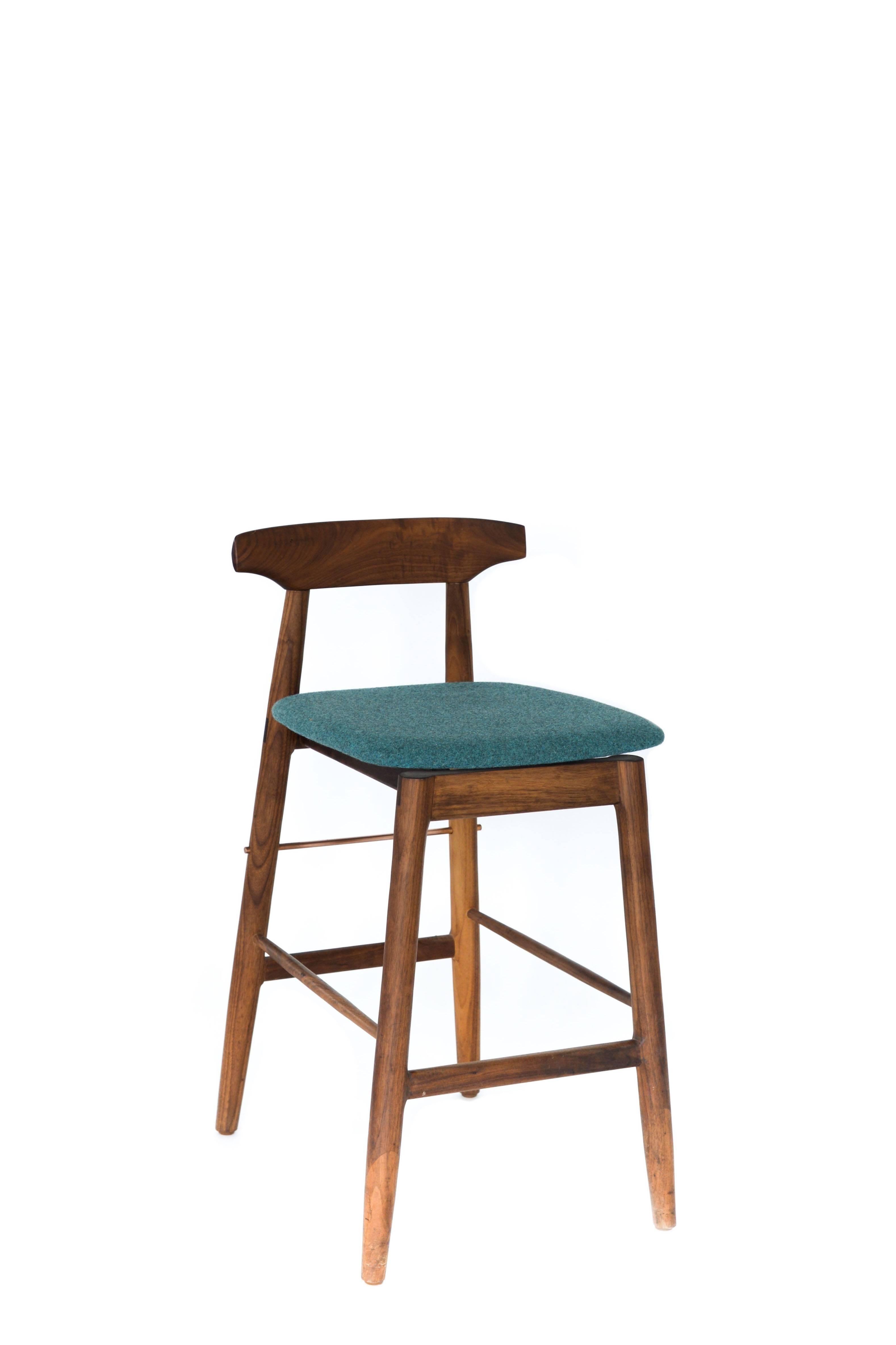 Mid-Century Modern Walnut and Copper Wood High Stool with Custom Teal Felt Upholstery For Sale