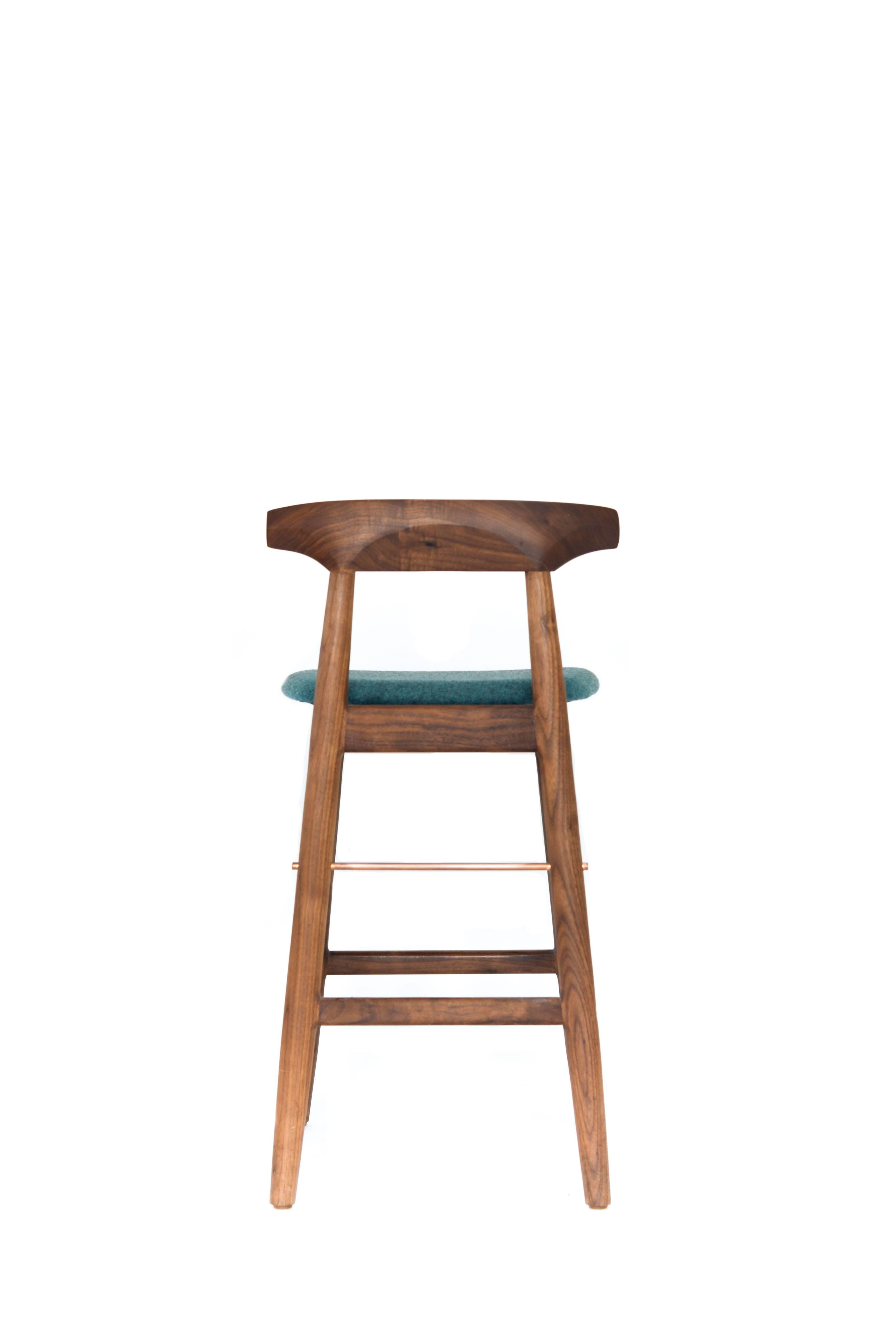 American Walnut and Copper Wood High Stool with Custom Teal Felt Upholstery For Sale