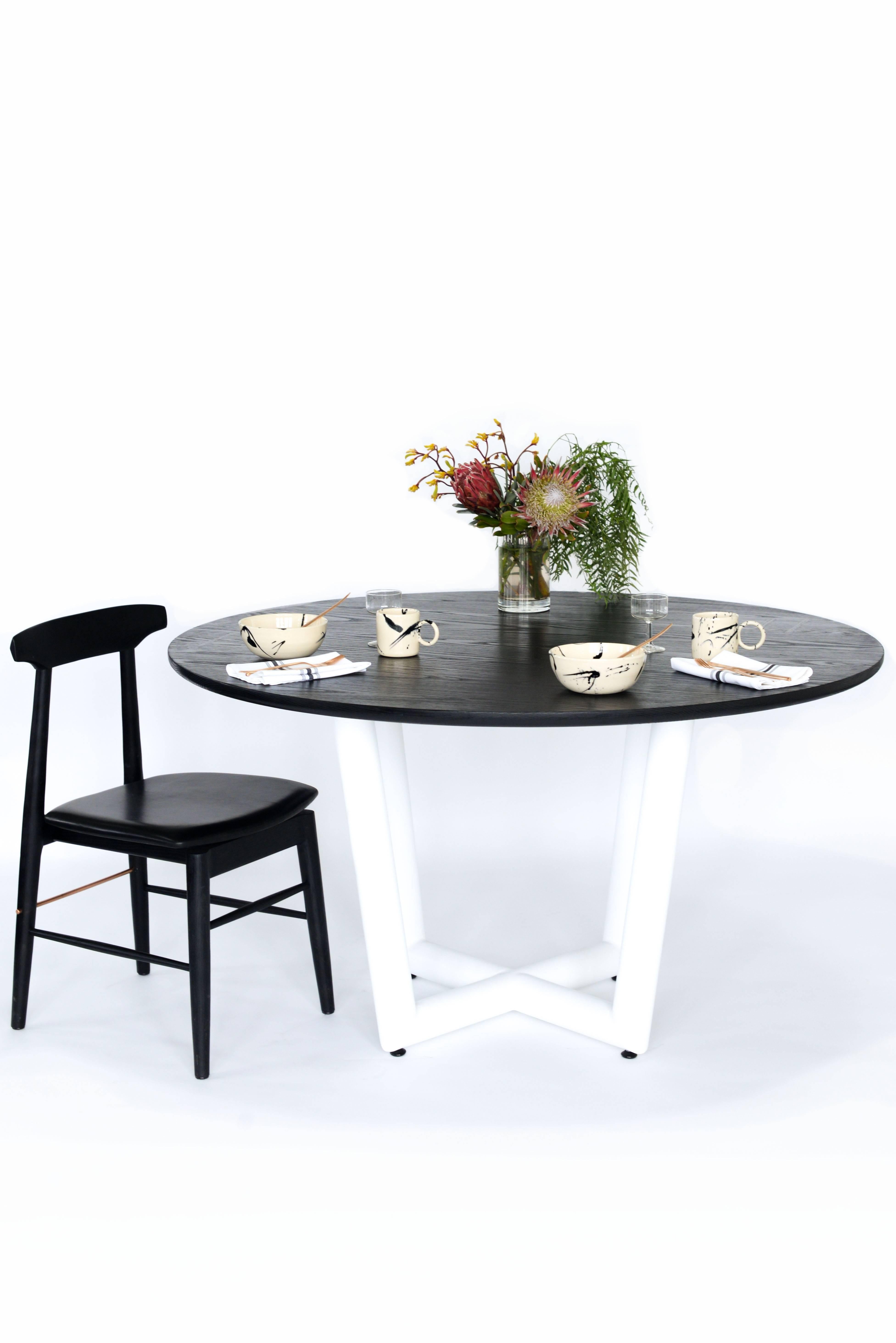 Mid-Century Modern Ebonized Oak Round Slab Top, Metal Base, Sable Dining Table