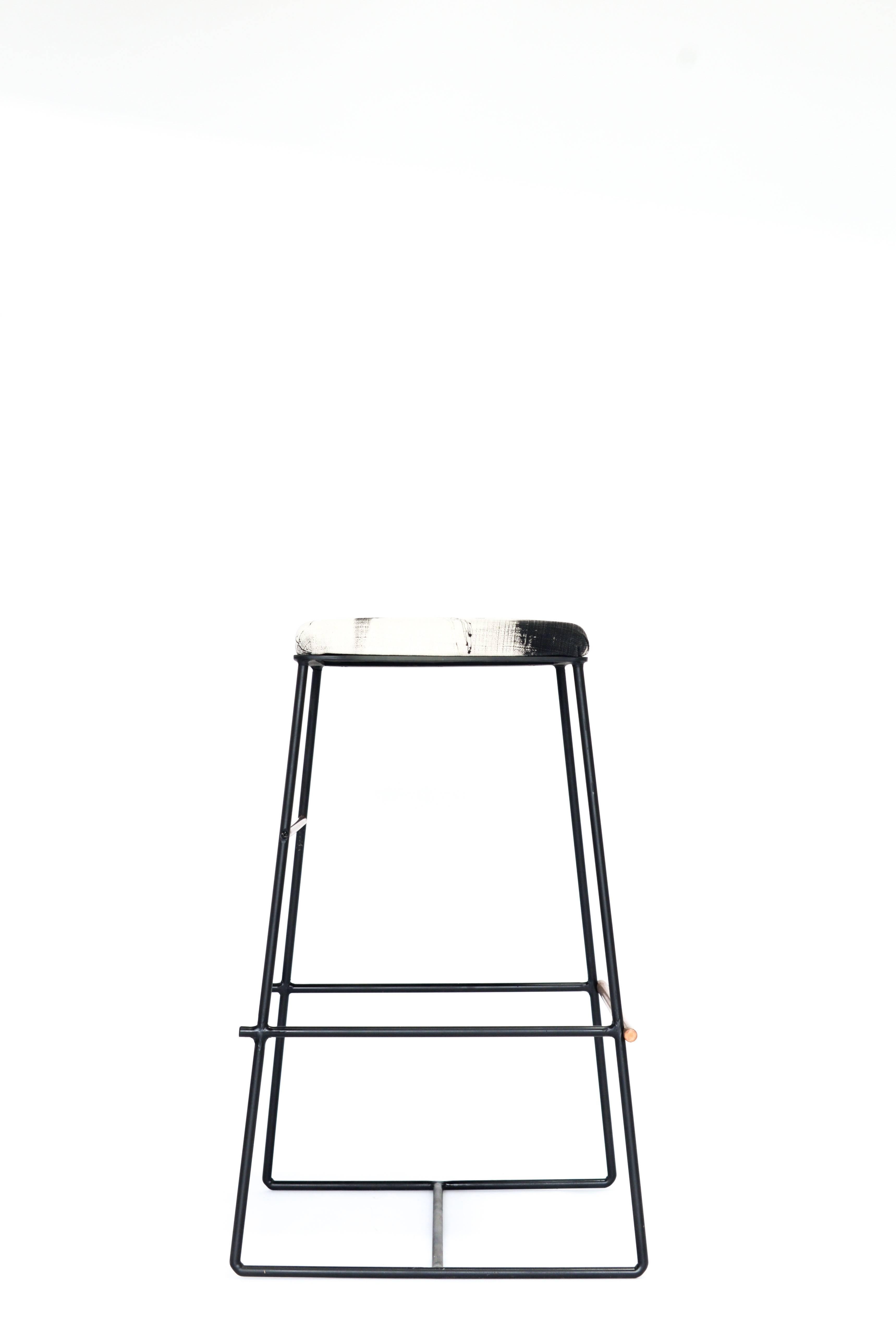 Powder coated metal stool featuring true copper or brass support rod. Made in Los Angeles, California.

Stool shown in Black powder coated metal, with true copper support rod, and custom hand-painted upholstery.

Custom powder coating or plating