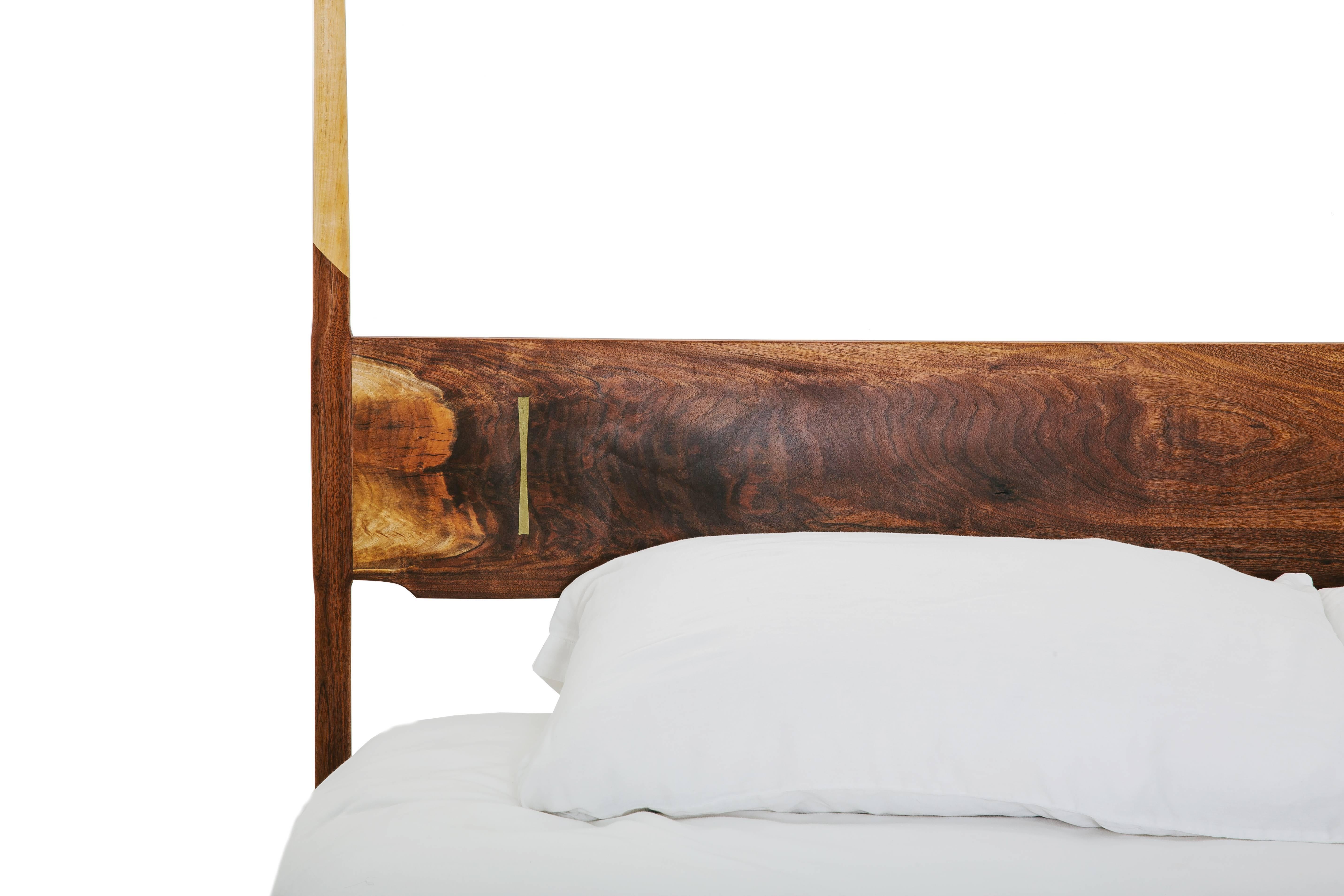 Four Post Mid Century Modern, hand crafted bed with solid wood construction, hand-cut joinery and custom Dutchman joint. Handmade in Los Angeles, California.

Bed frame available in King or Queen.

Headboard / Bed frame as shown in walnut with