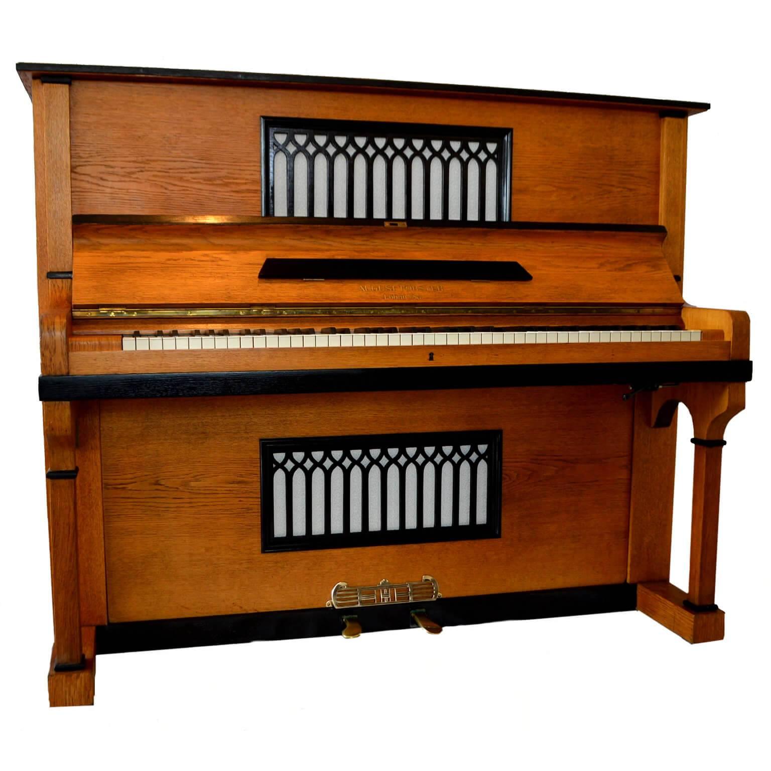 August Forster Upright Piano in Oak Gothic Revival Style