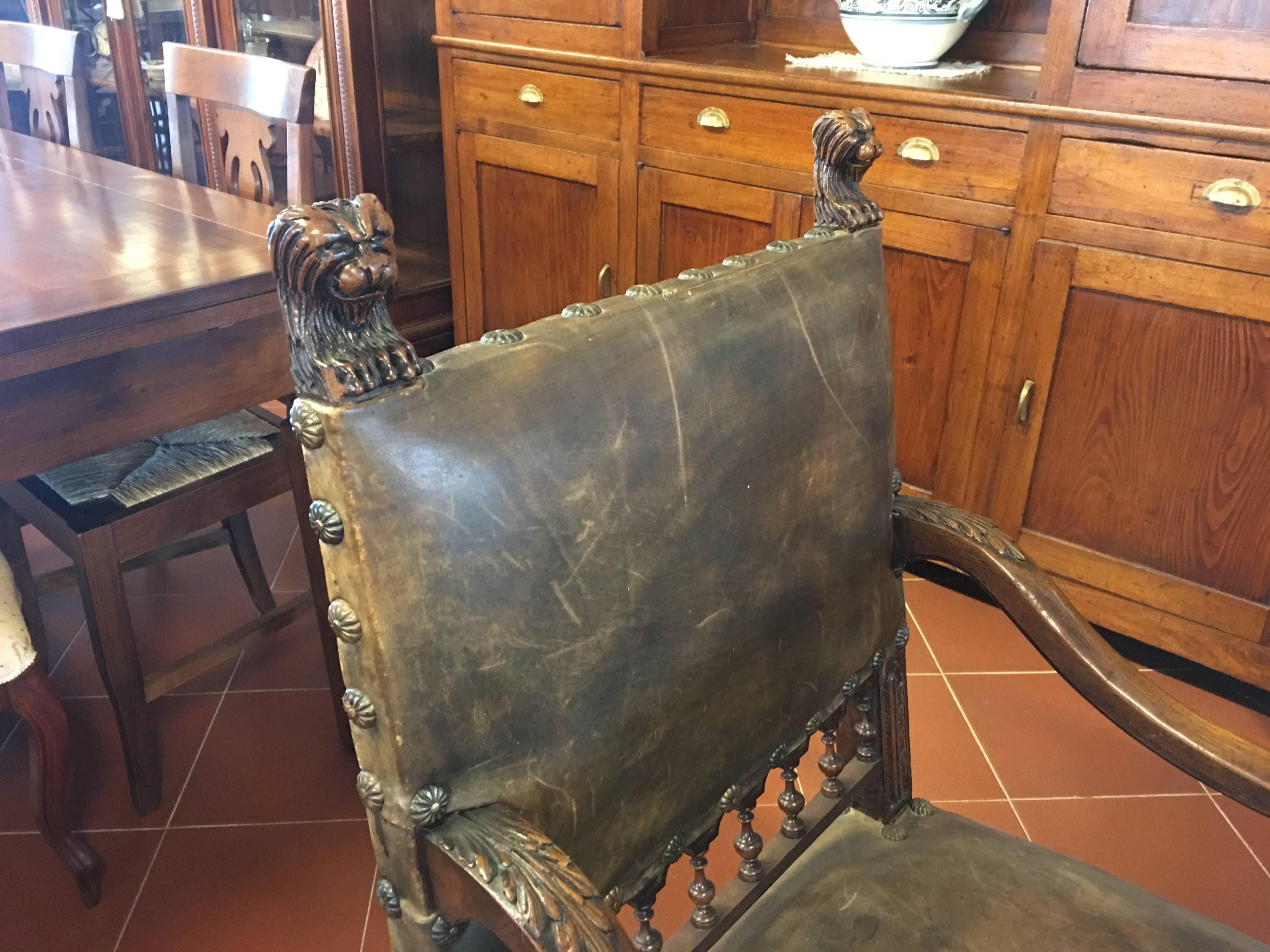 Renaissance Antique Leather Carved Italian Throne Chair