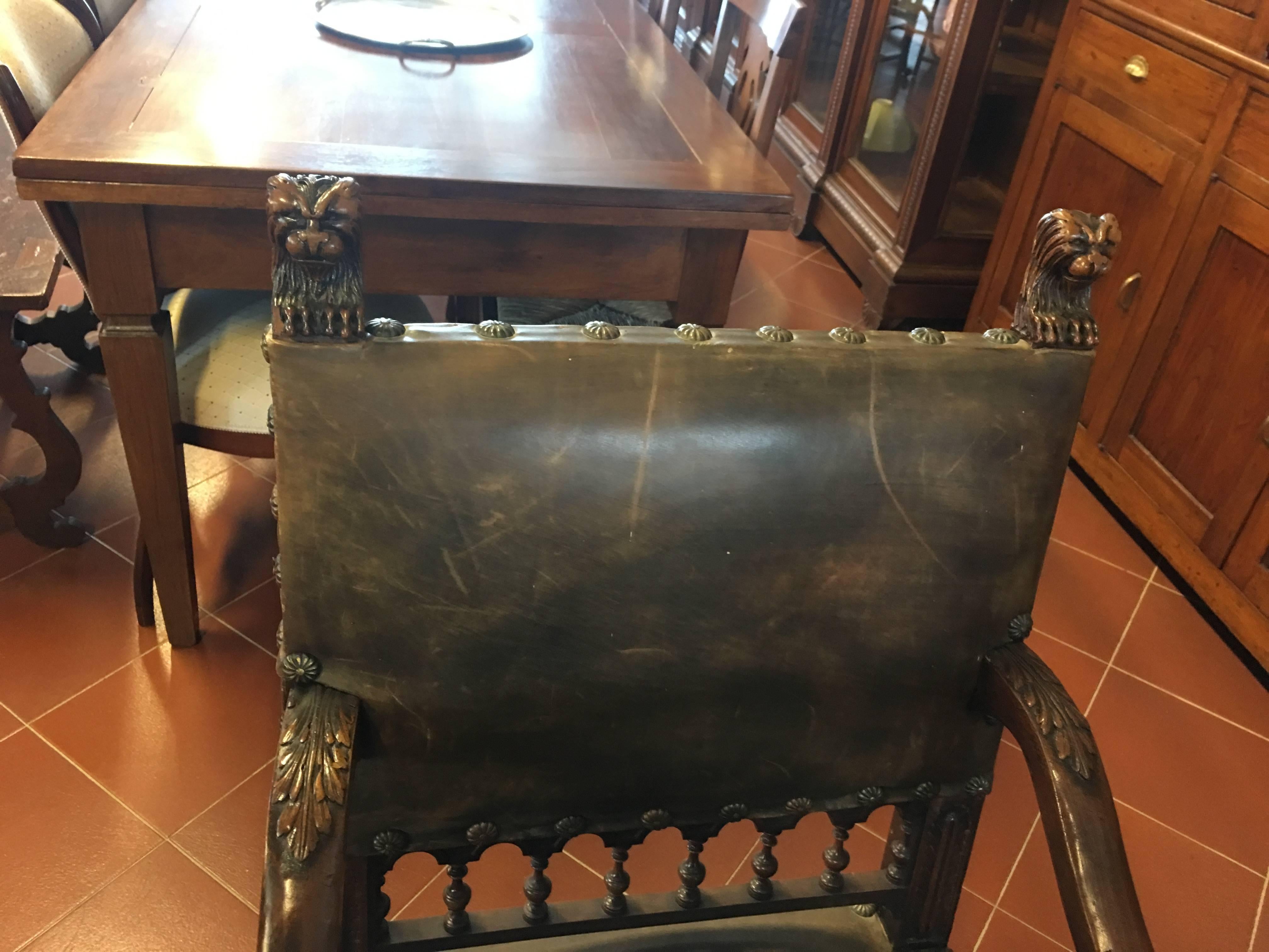 Antique Leather Carved Italian Throne Chair In Excellent Condition In Sofia, BG
