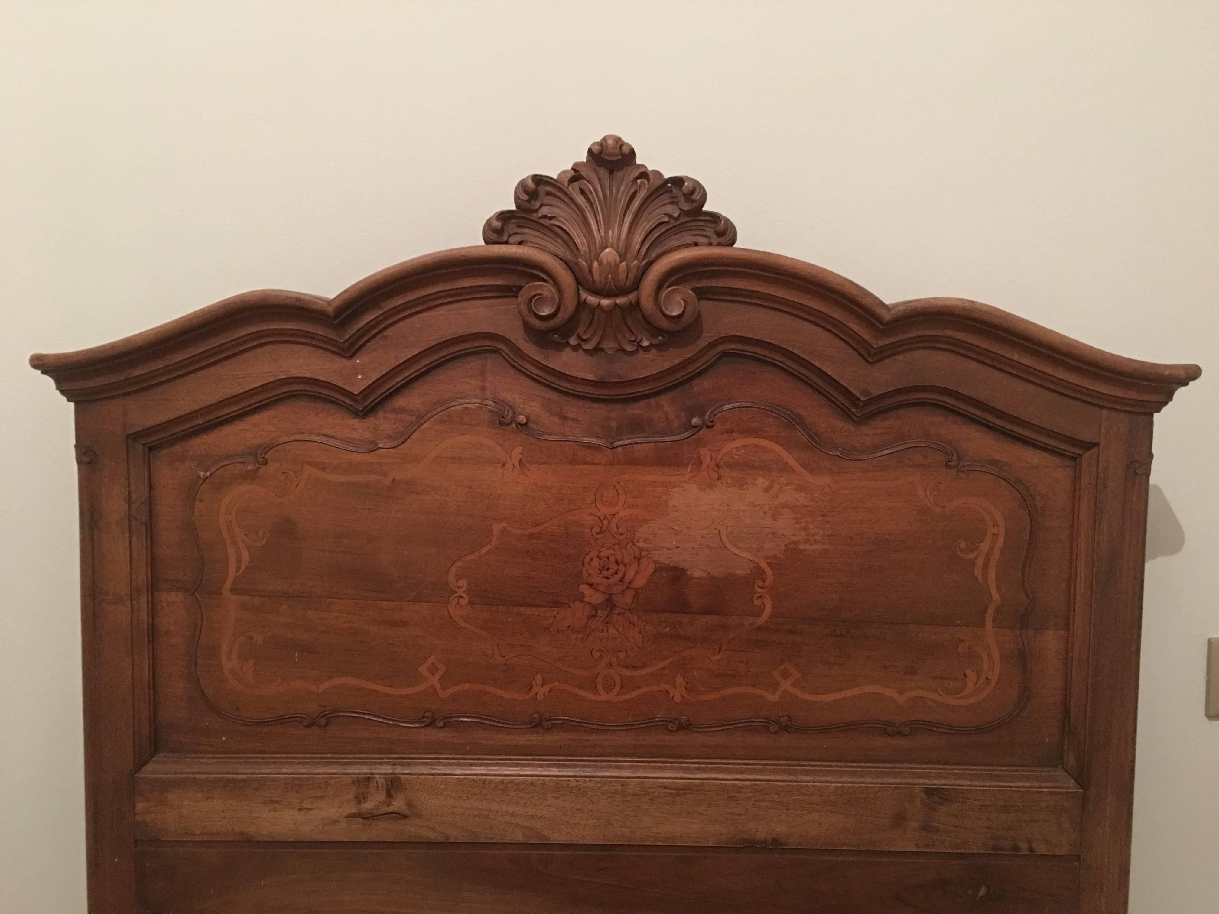 Pair of Italian Marquetry Inlaid Solid Carved Walnut Single Beds In Fair Condition In Sofia, BG