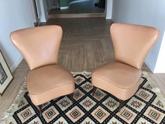 Pair of Italian Low Beige Leather Chairs, 1950's