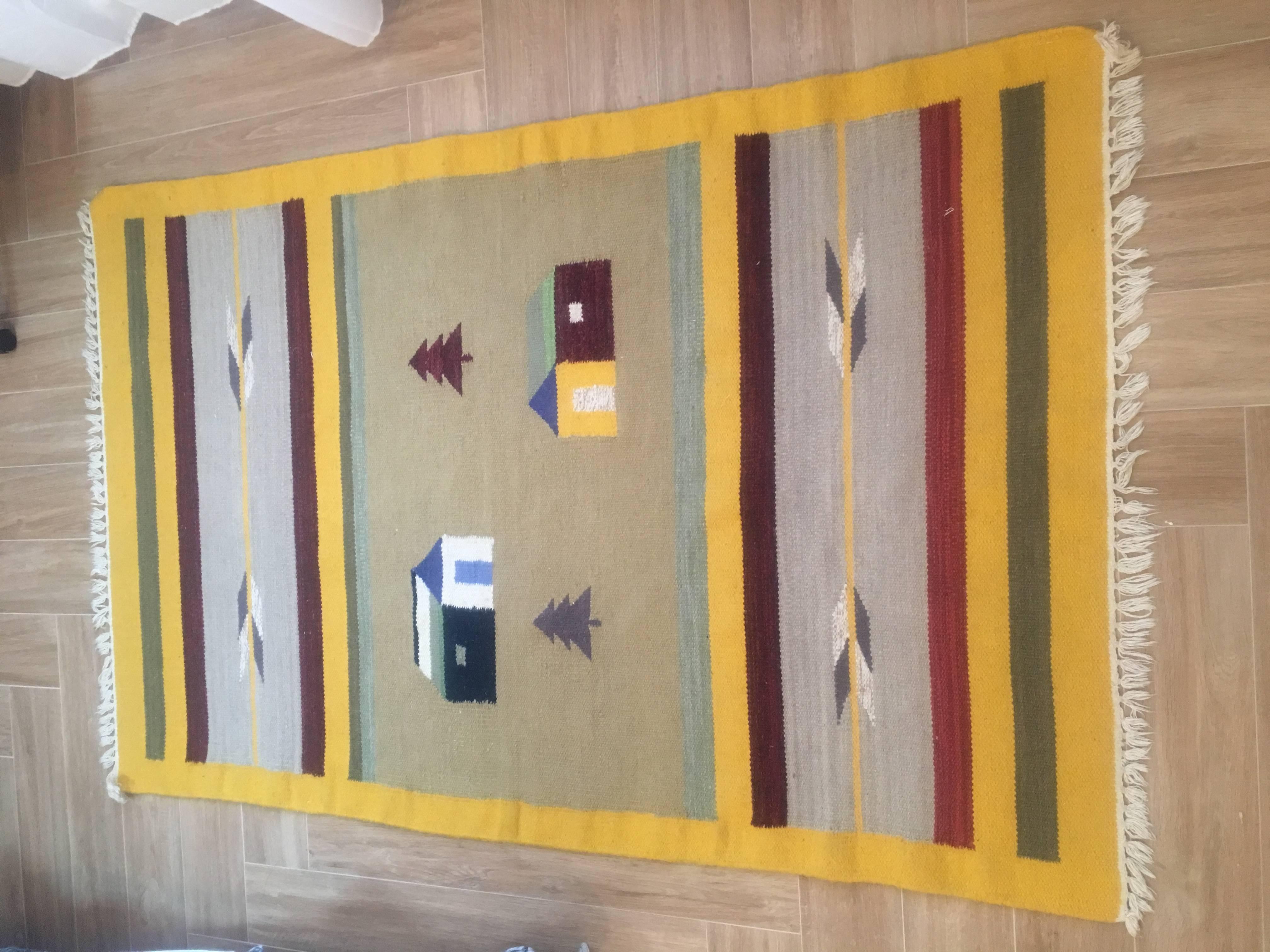 American Yellow Color Handmade Wool Navajo Rug or Carpet, 1920s