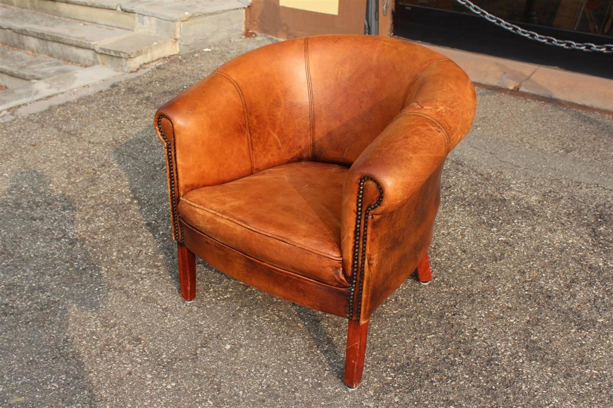 Italian Two Club Brown Leather Armchairs, Italy 