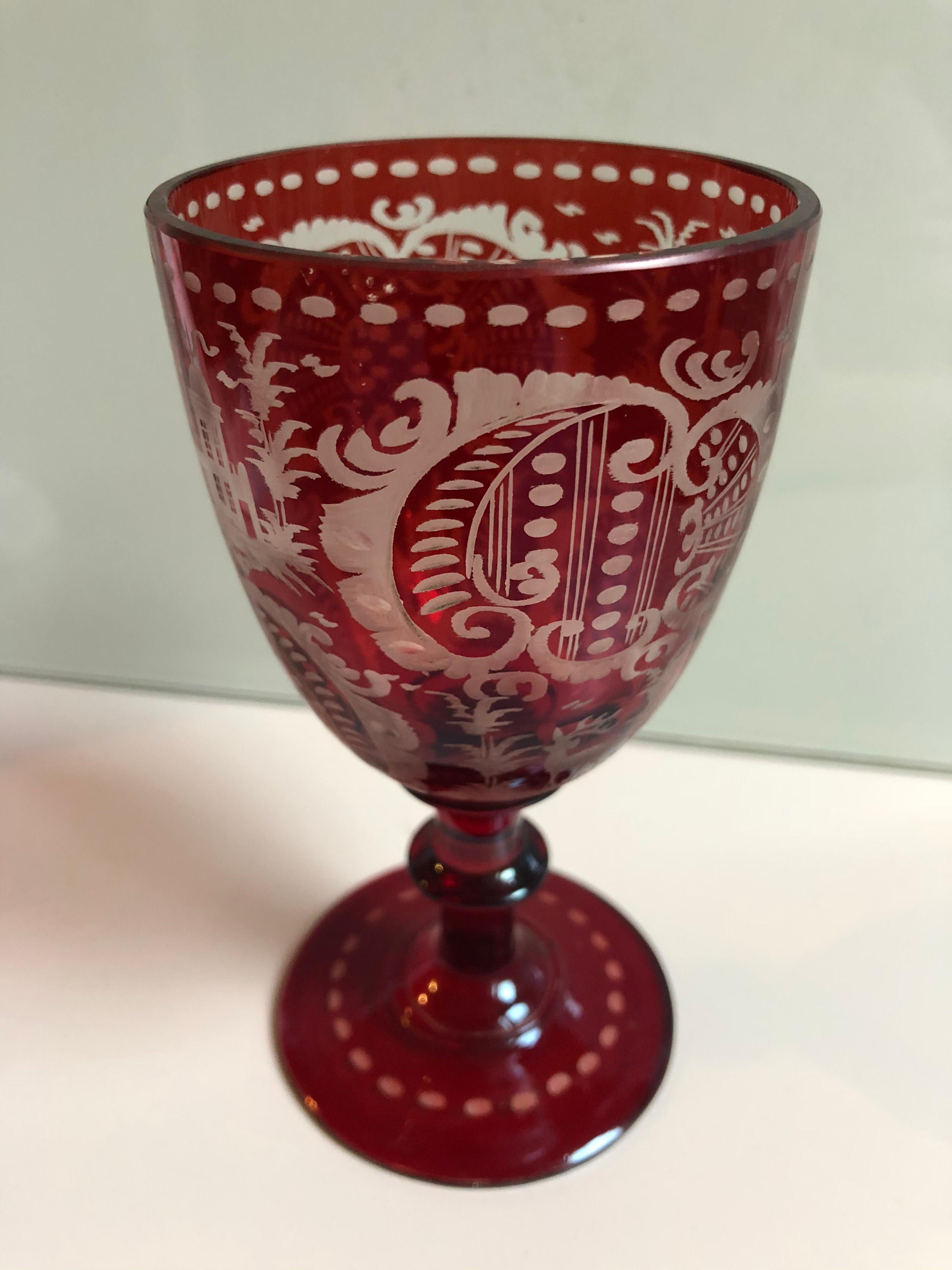 Antique Egermann Bohemian Czech Ruby Cut to Clear Glass, Deer and Castle Theme In Excellent Condition In Sofia, BG