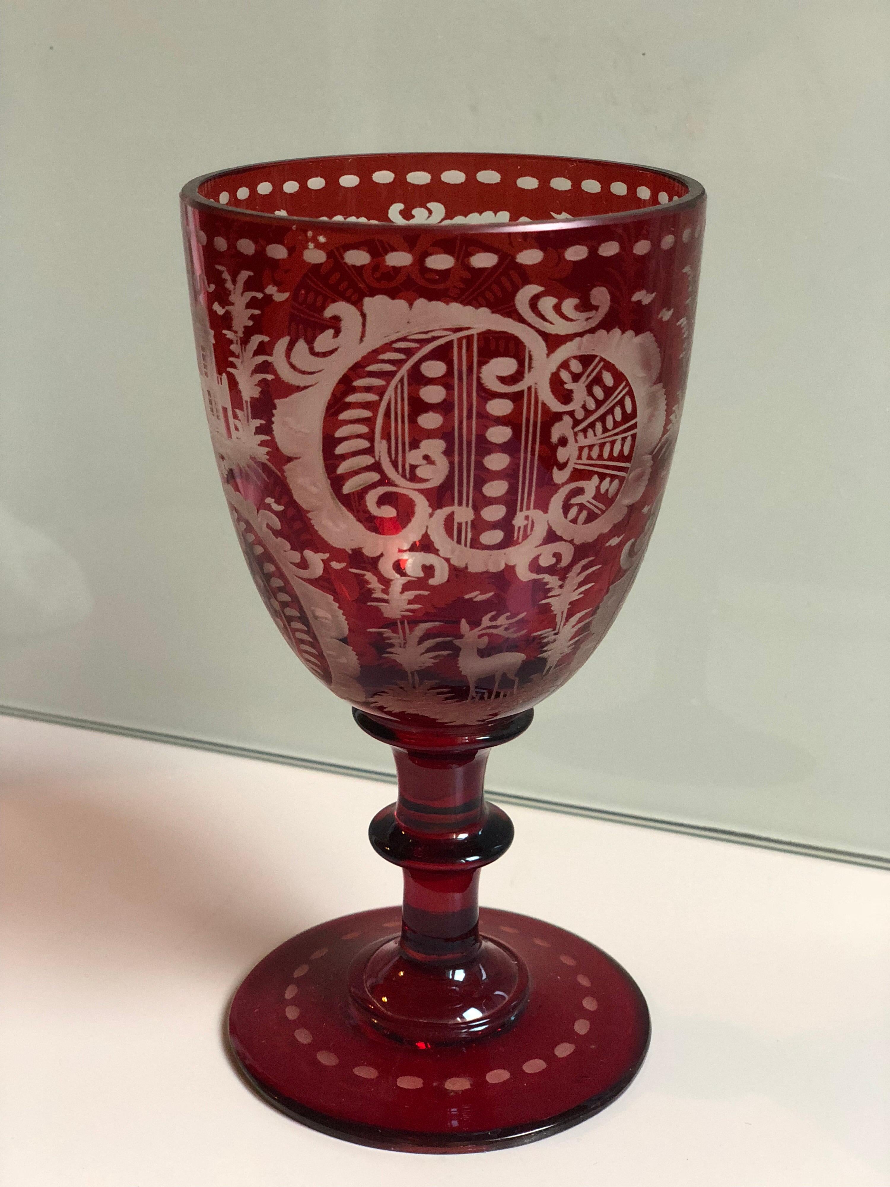 19th Century Antique Egermann Bohemian Czech Ruby Cut to Clear Glass, Deer and Castle Theme