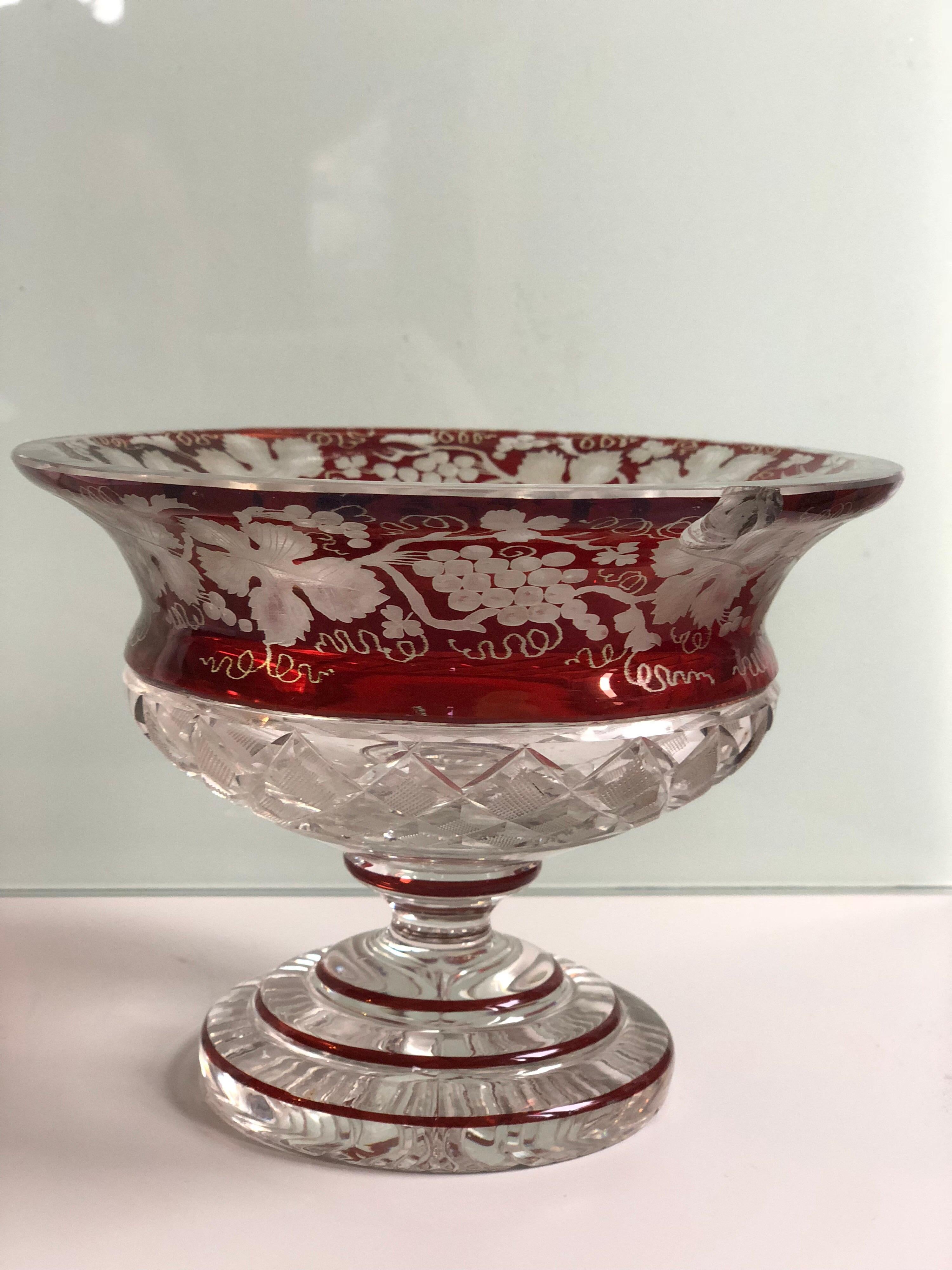 Bohemian ruby red cut-to-clear glass centerpiece.

The Egermann Company, dating back to the early 1800s, specializes in hand decorated glass with each piece posing a decorative and highly art oriented character. Egermann’s main claim to fame is