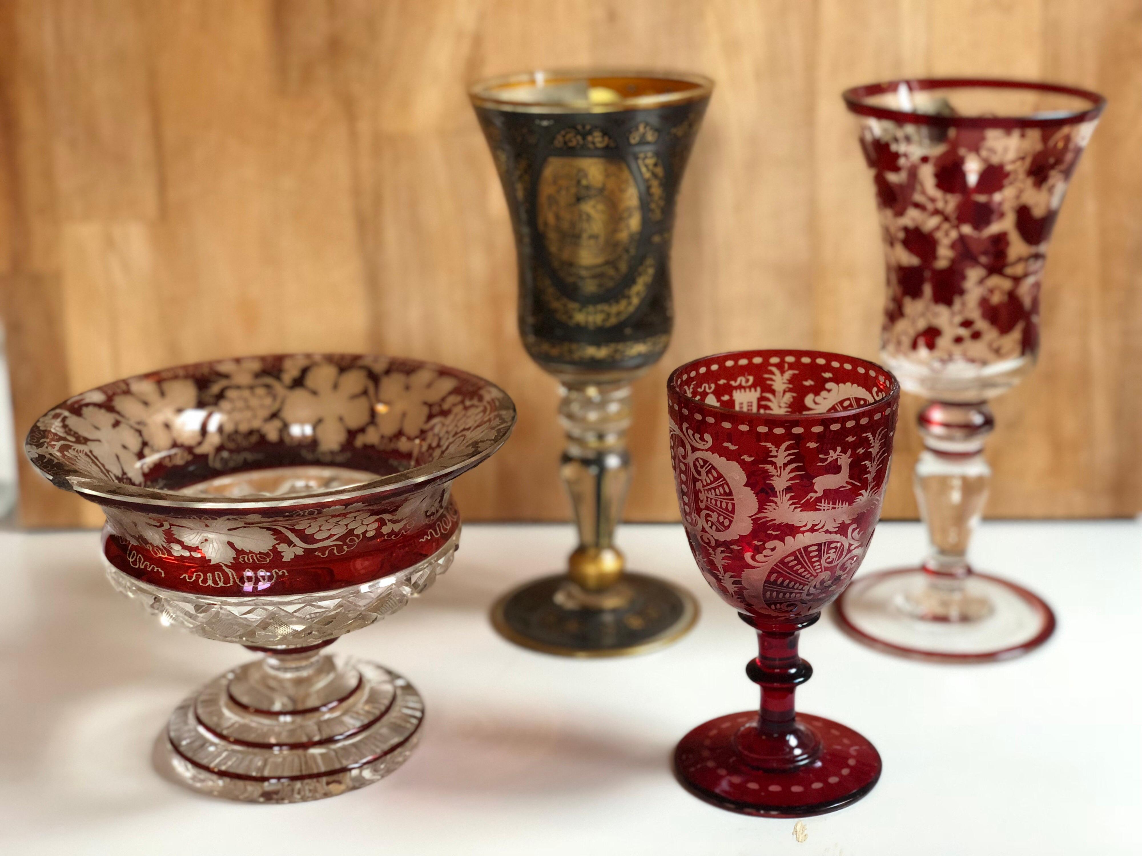 Czech Bohemian Egermann Ruby Bowl Cut-To-Clear Glass Centrepiece, 19th Century