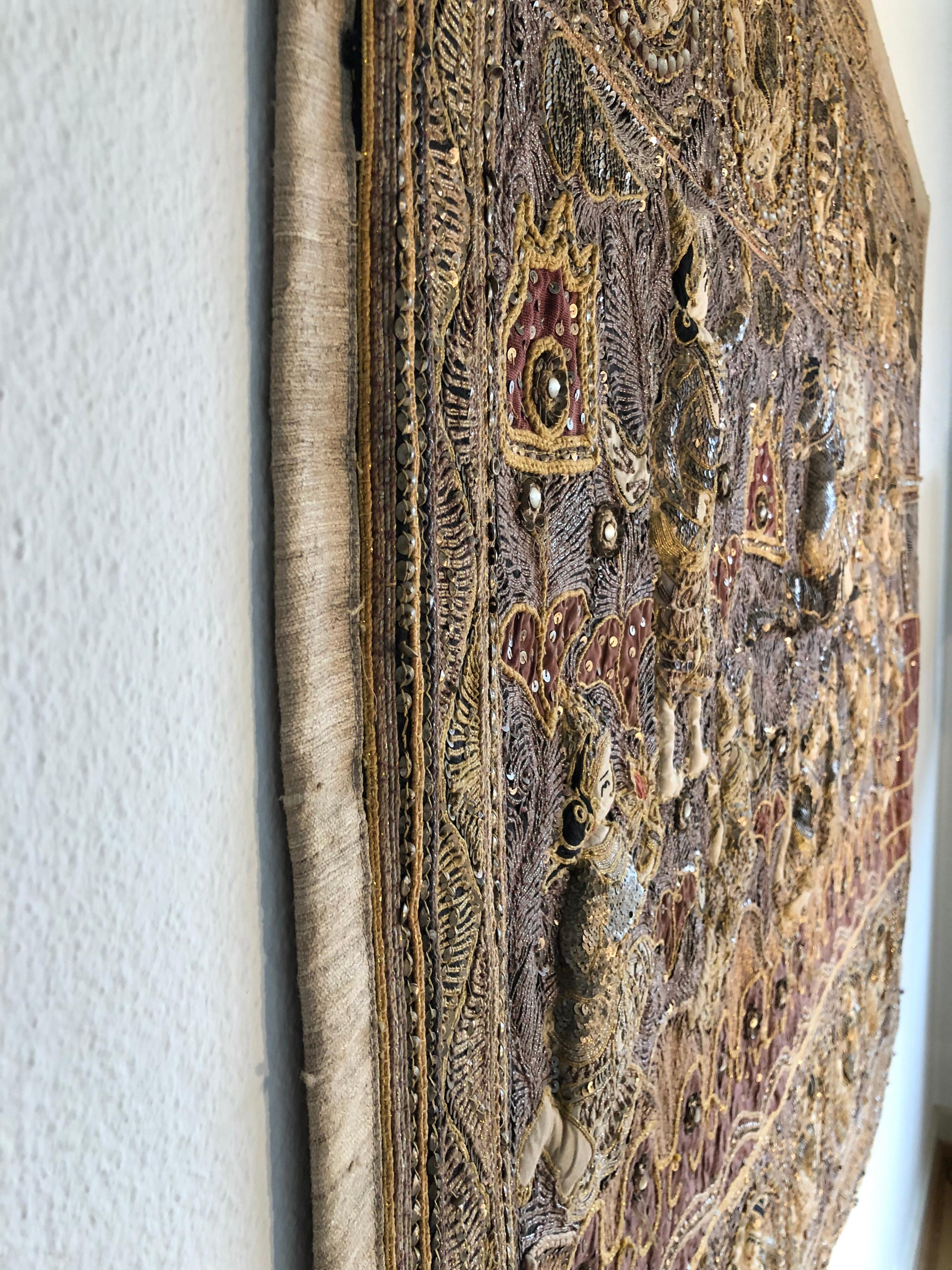 British Indian Ocean Territory Large Burmese Silk Linen Heavily Embroidered Applique Figures Kalaga Tapestry