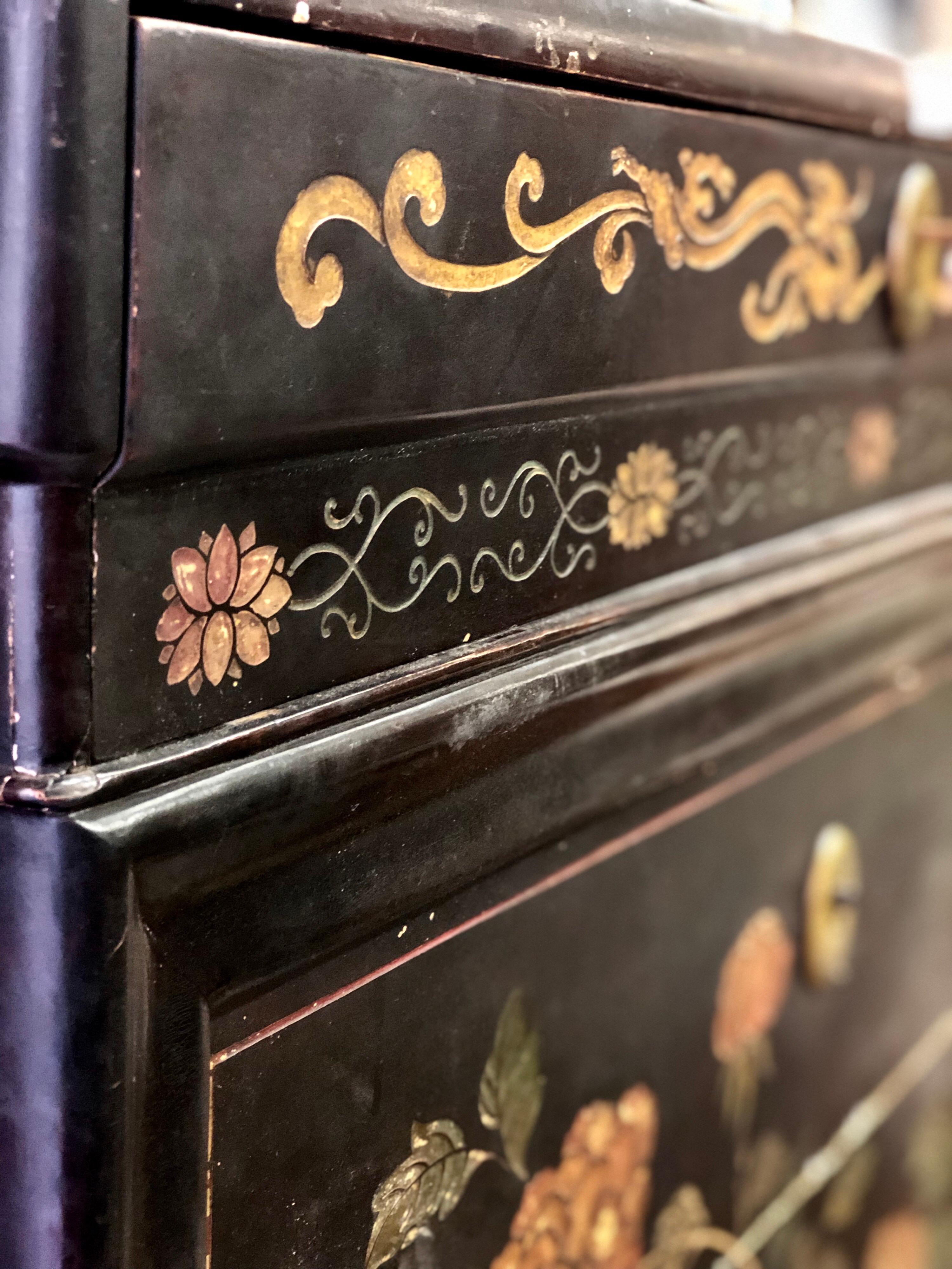Wood 19th Century Hand Painted Secretary with Hidden Drawers and Floral Decorations For Sale