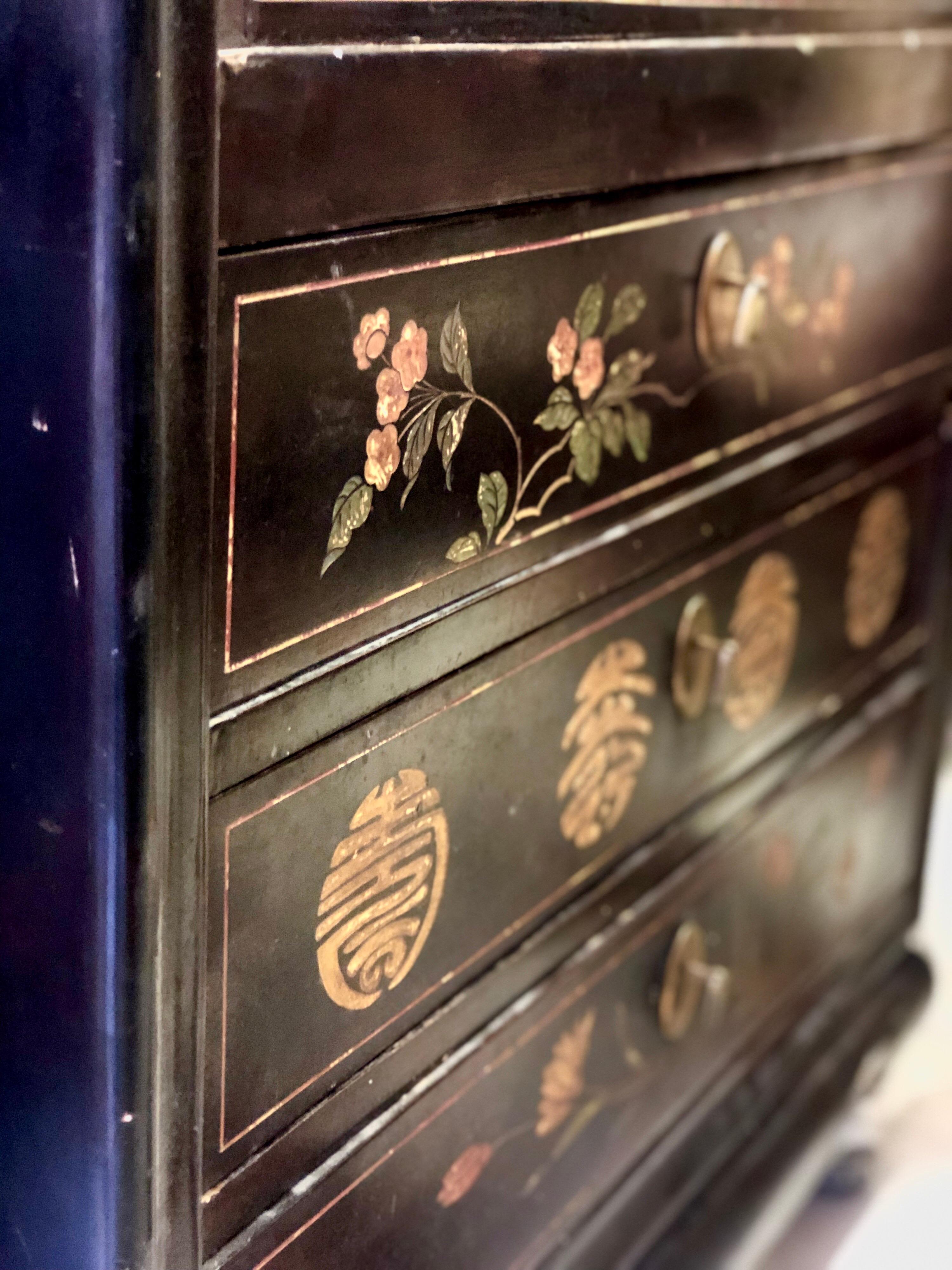 19th Century Hand Painted Secretary with Hidden Drawers and Floral Decorations For Sale 1