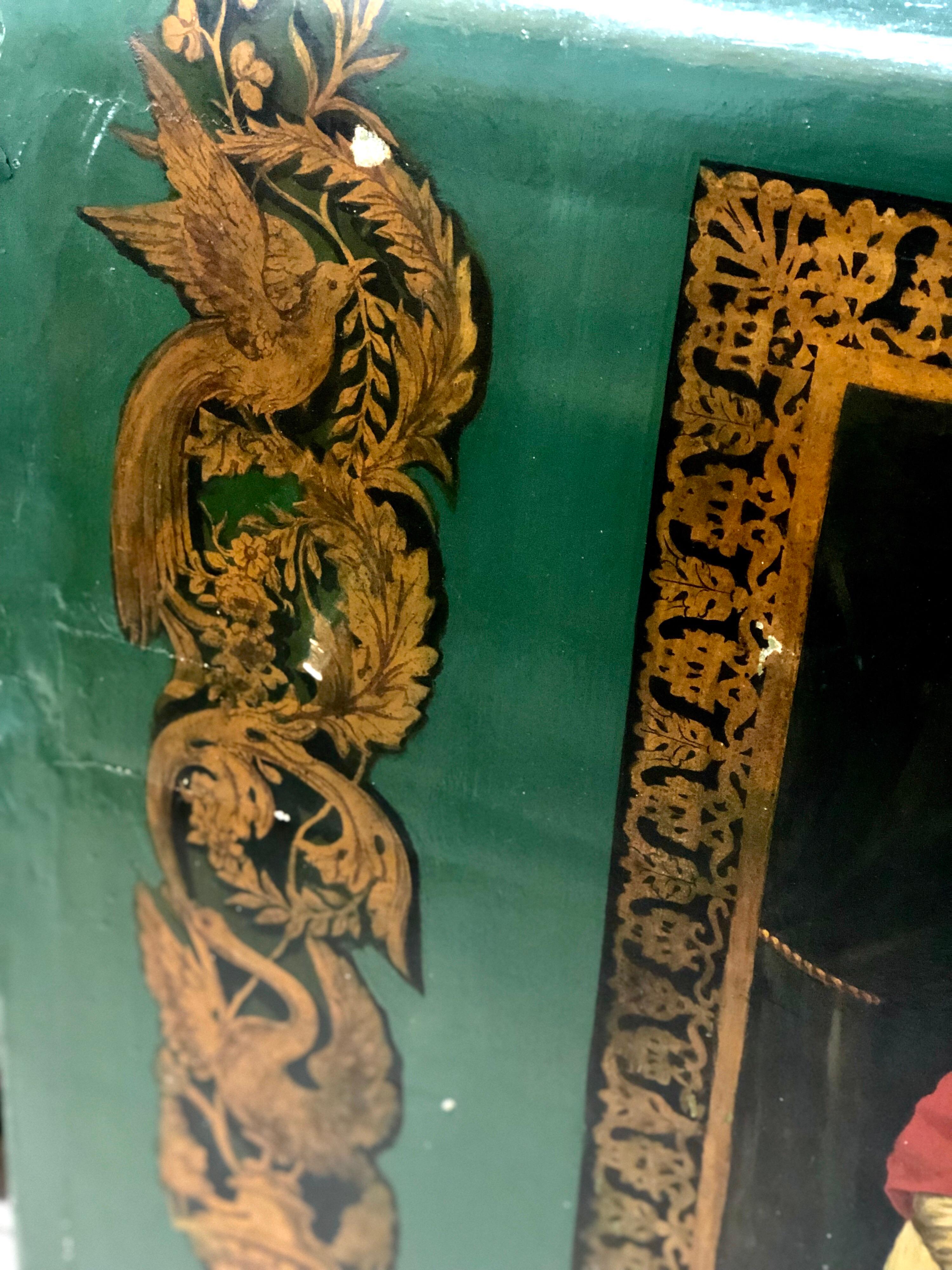 Hand-Painted 19th Century Hand Painted Dark Green Bed Frame in Renaissance Style For Sale