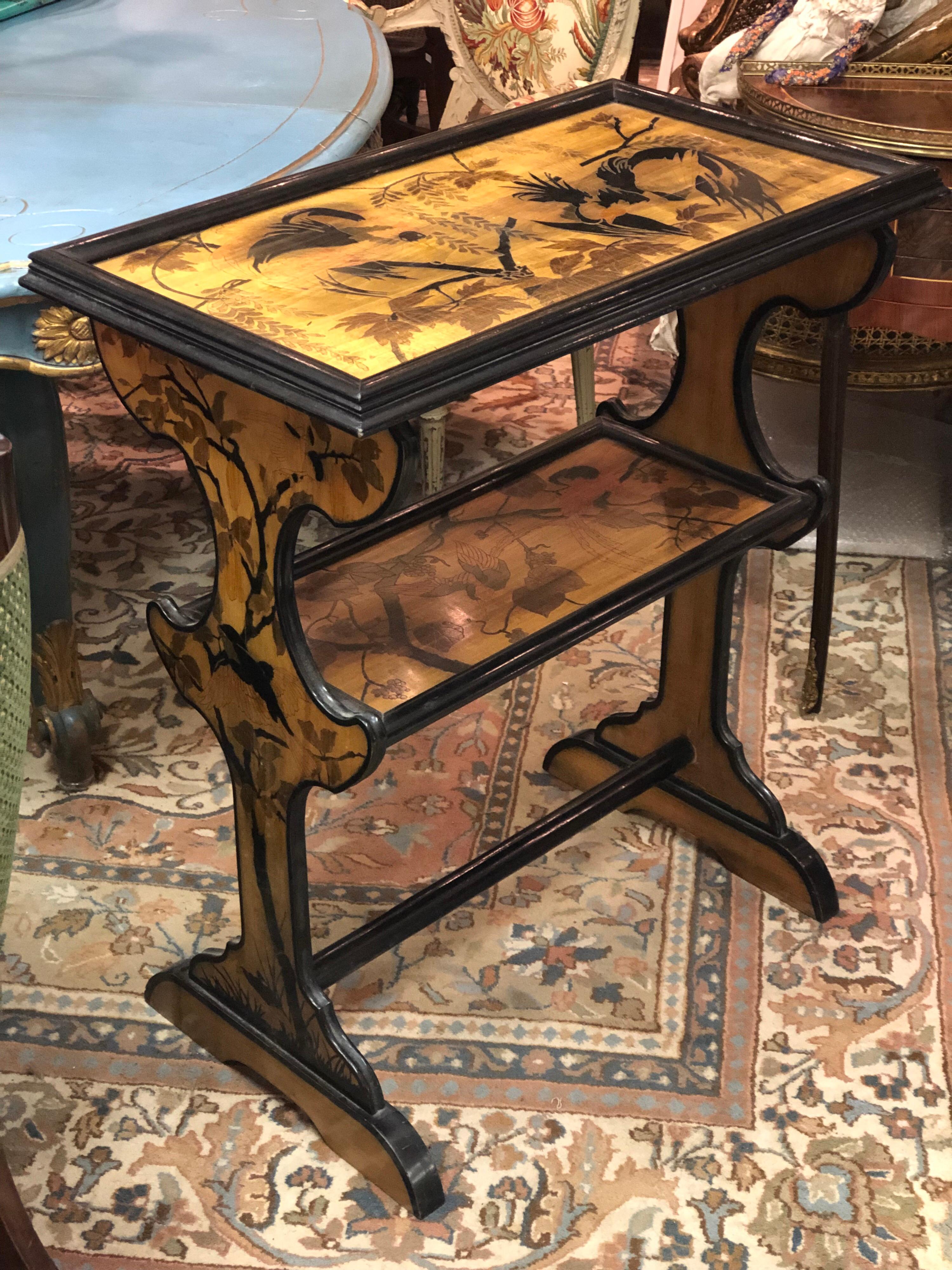 19th Century French Wooden Engraved Marquetry Side Table in Nancy Style For Sale 1