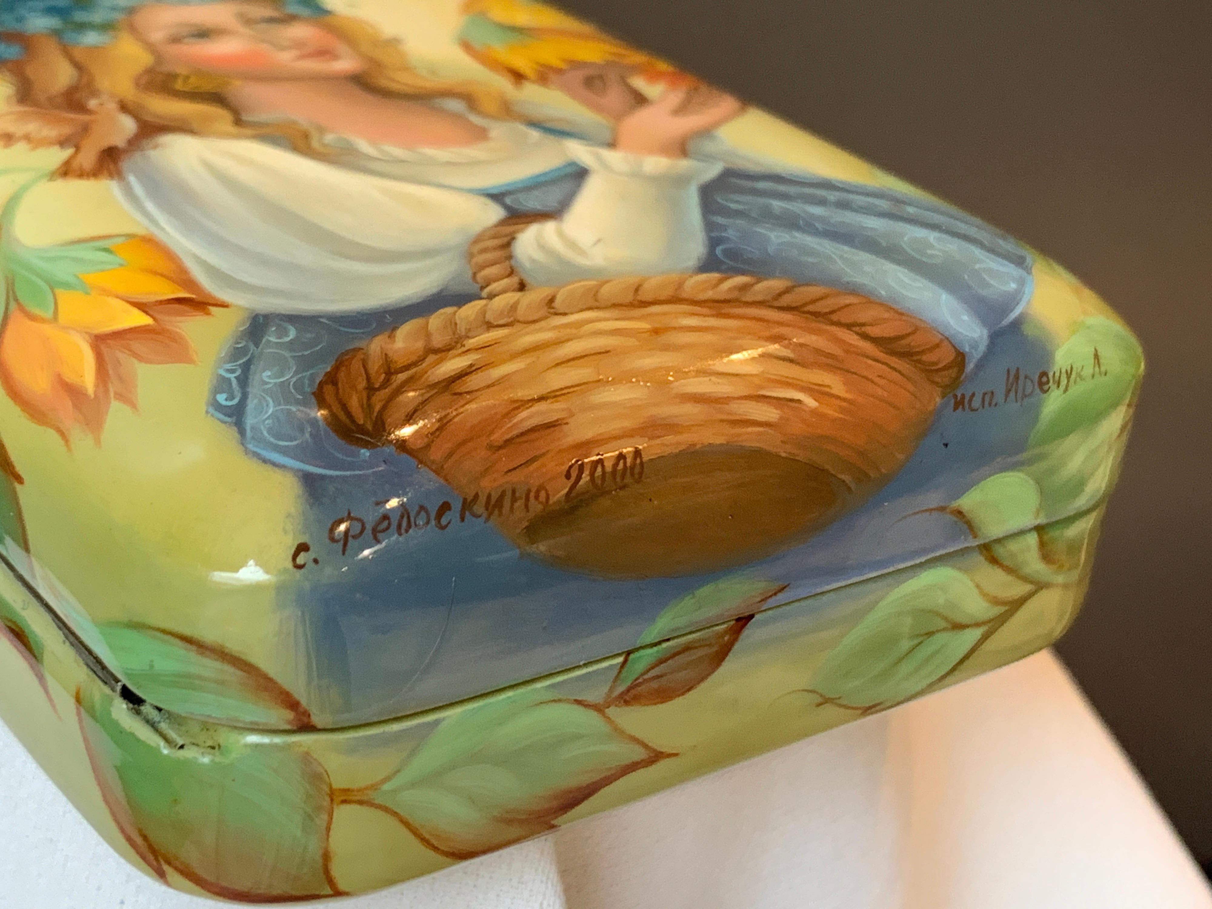 Russian lacquered jewelry small box 'Girl with Sunflowers'.