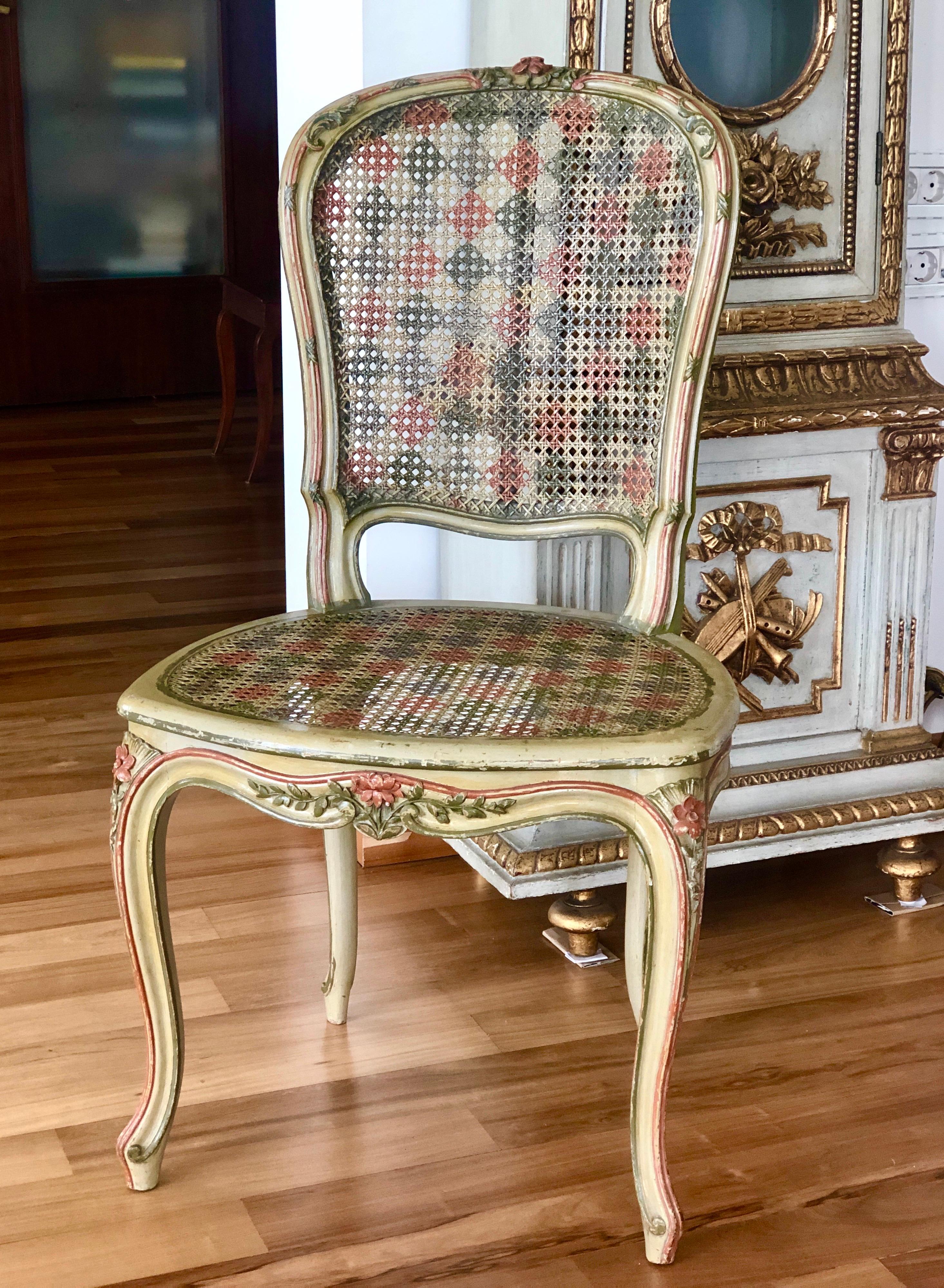 Hand-Painted 19th Century French Hand Carved Set of Chair and Armchair in Louis XV Style For Sale