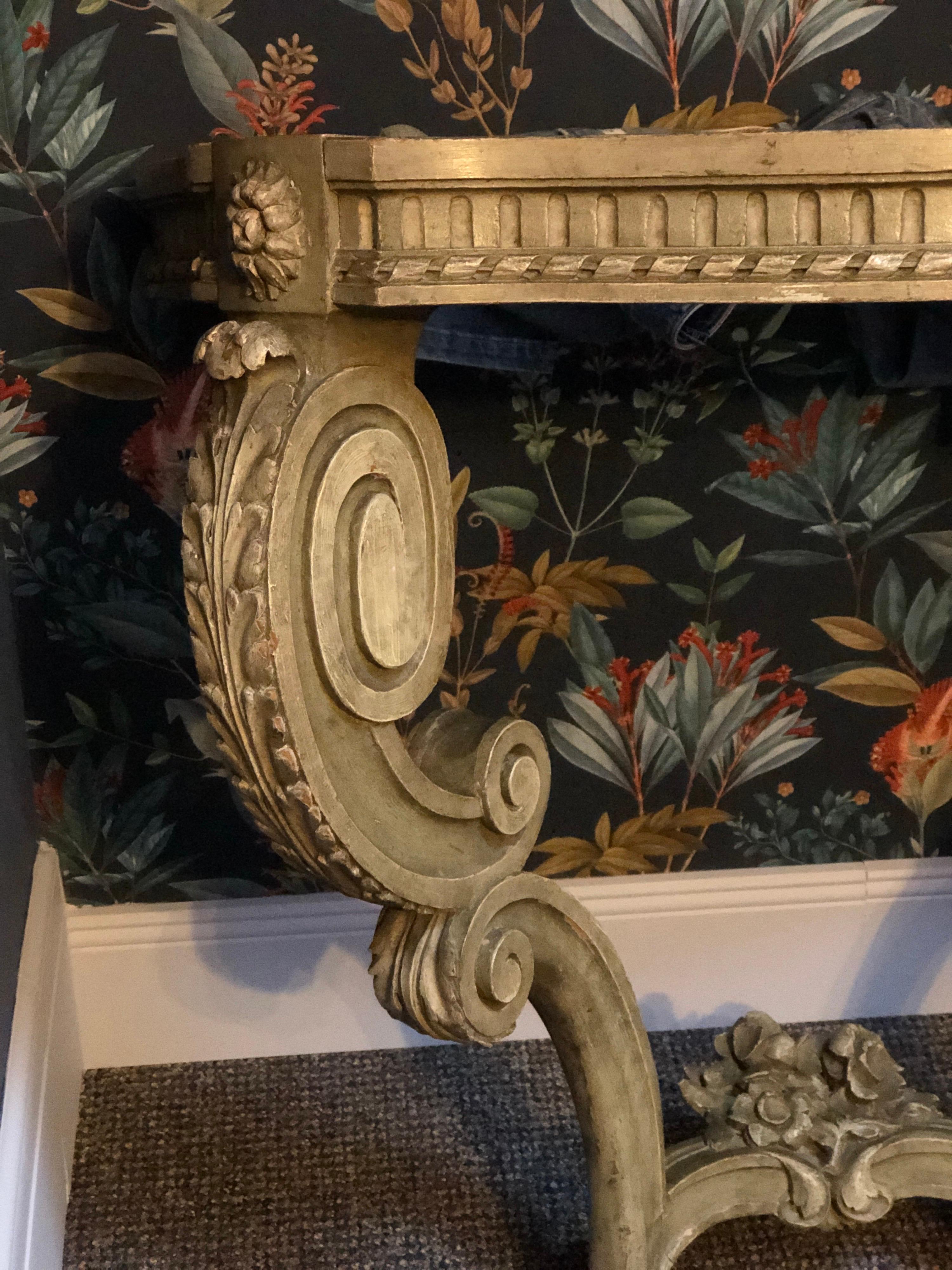 18th Century French Wall Console in Lacquered Hand Carved Wood and Marble Top For Sale 3
