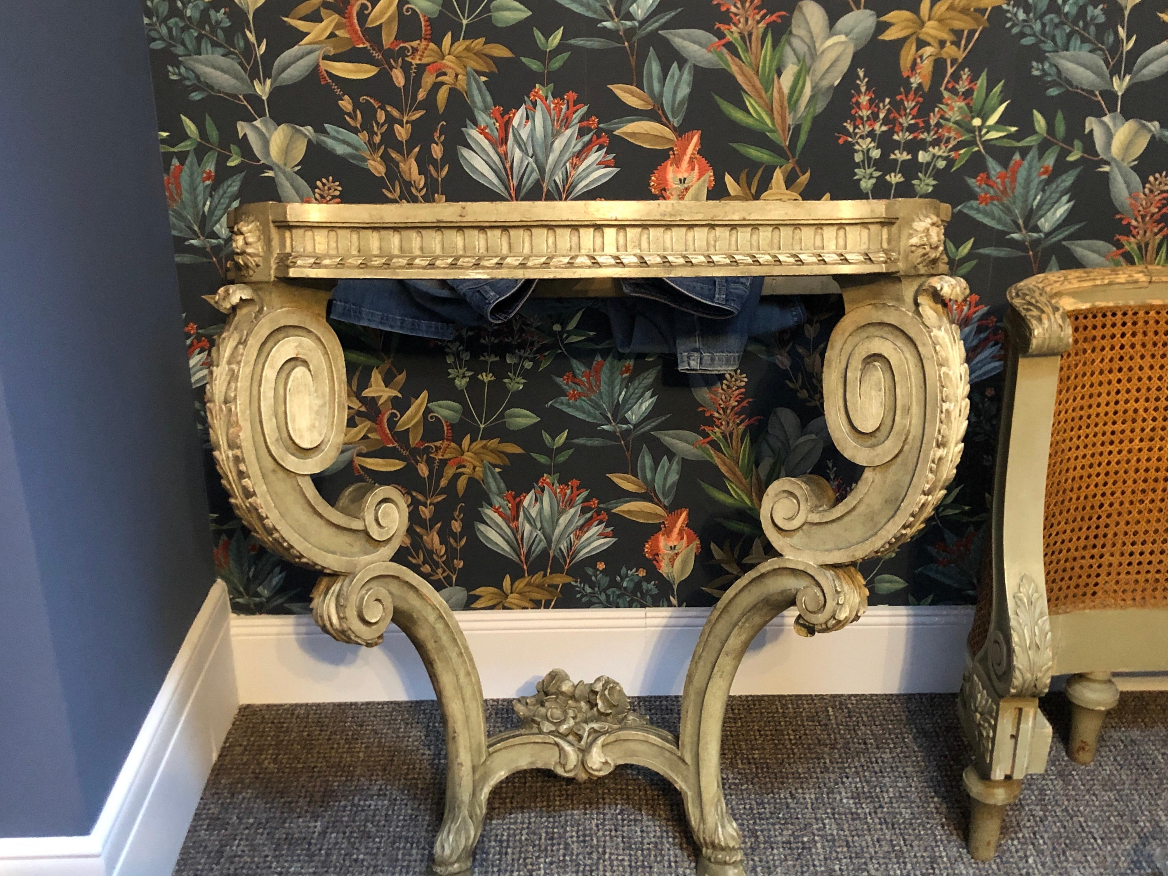18th Century French Wall Console in Lacquered Hand Carved Wood and Marble Top For Sale 2
