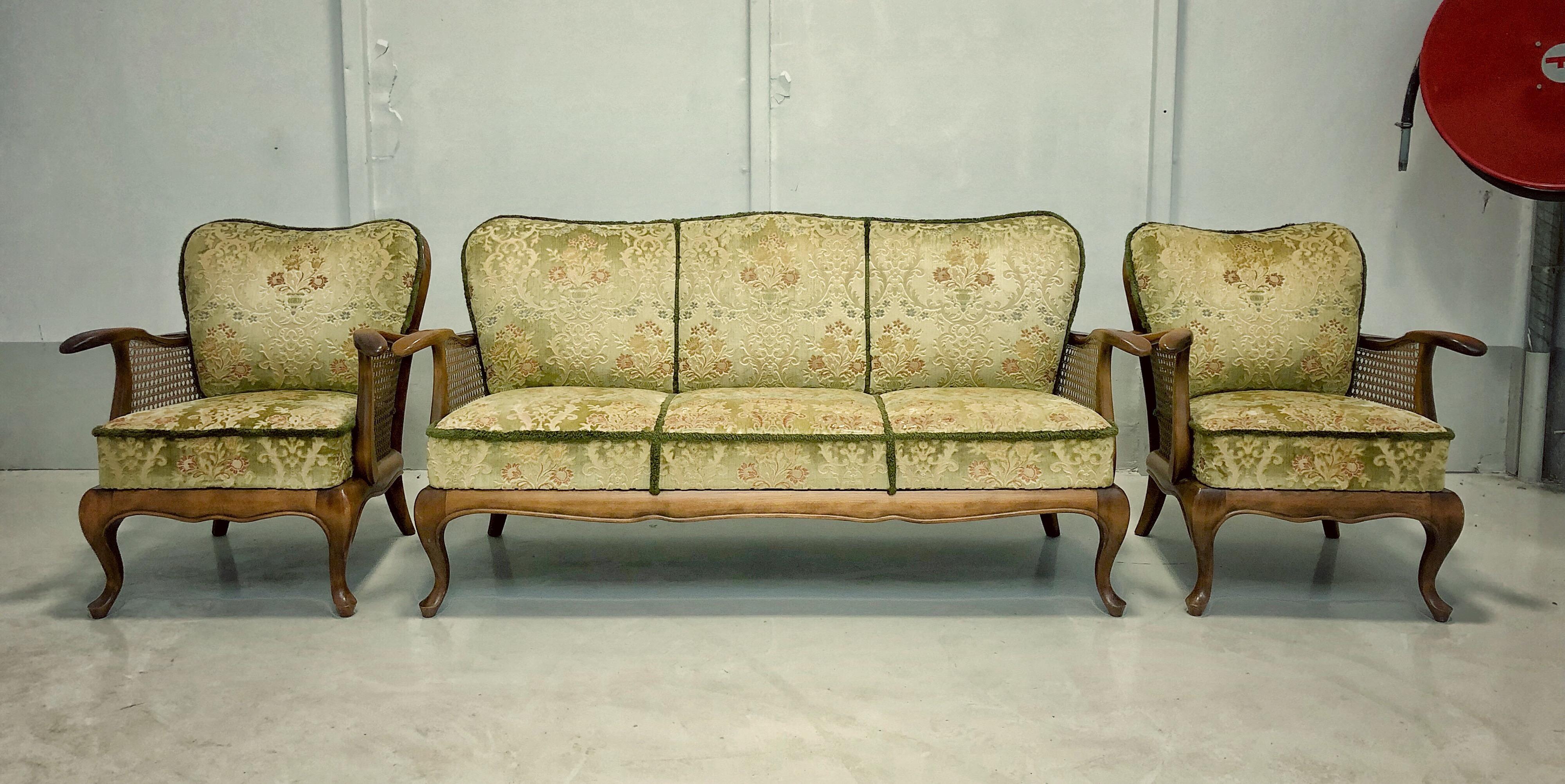 Hand-Knotted Set Of Three Living Room Velour Caned Sofa Couch and Two Armchairs, Italy 