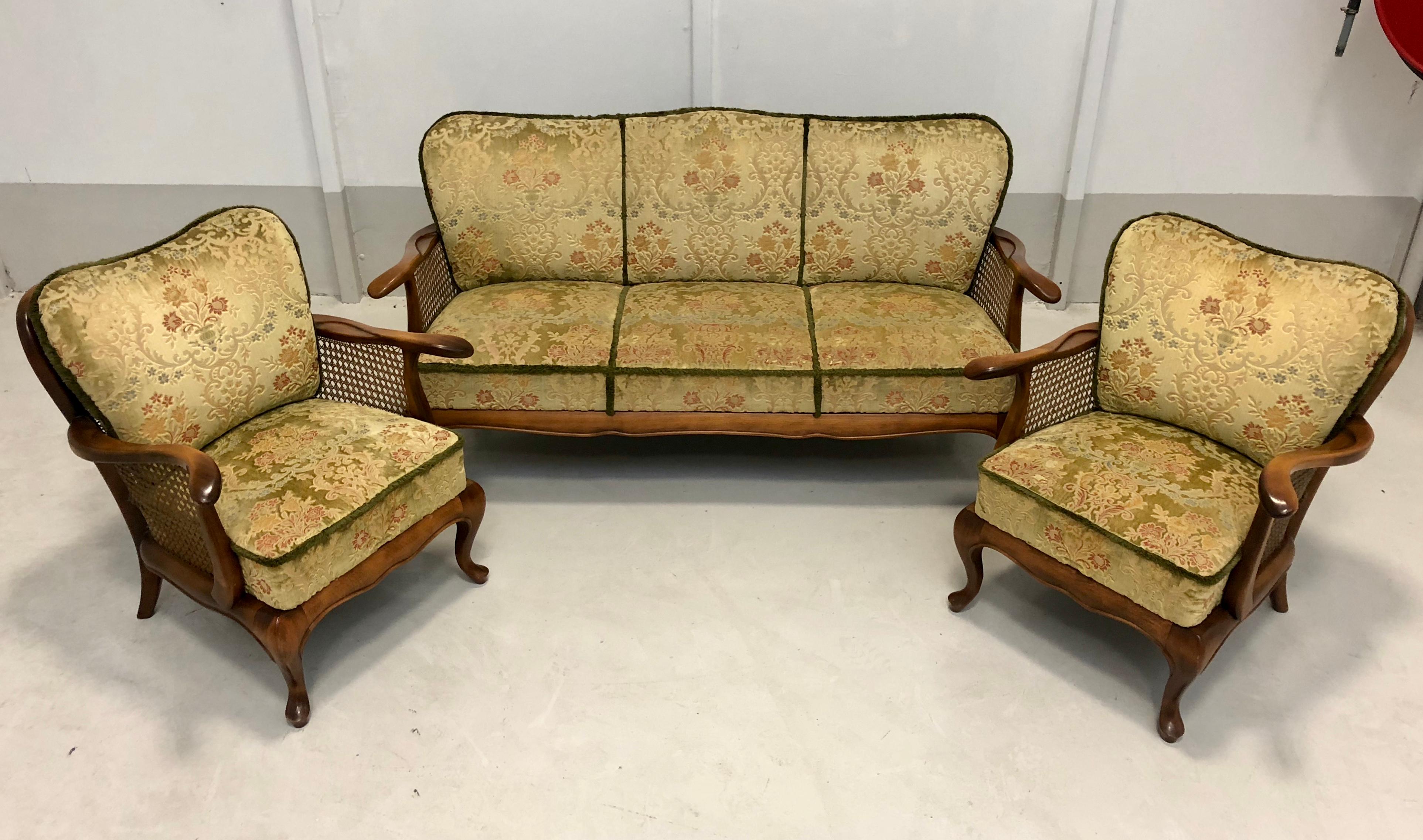 Set Of Three Living Room Velour Caned Sofa Couch and Two Armchairs, Italy  In Good Condition In Sofia, BG