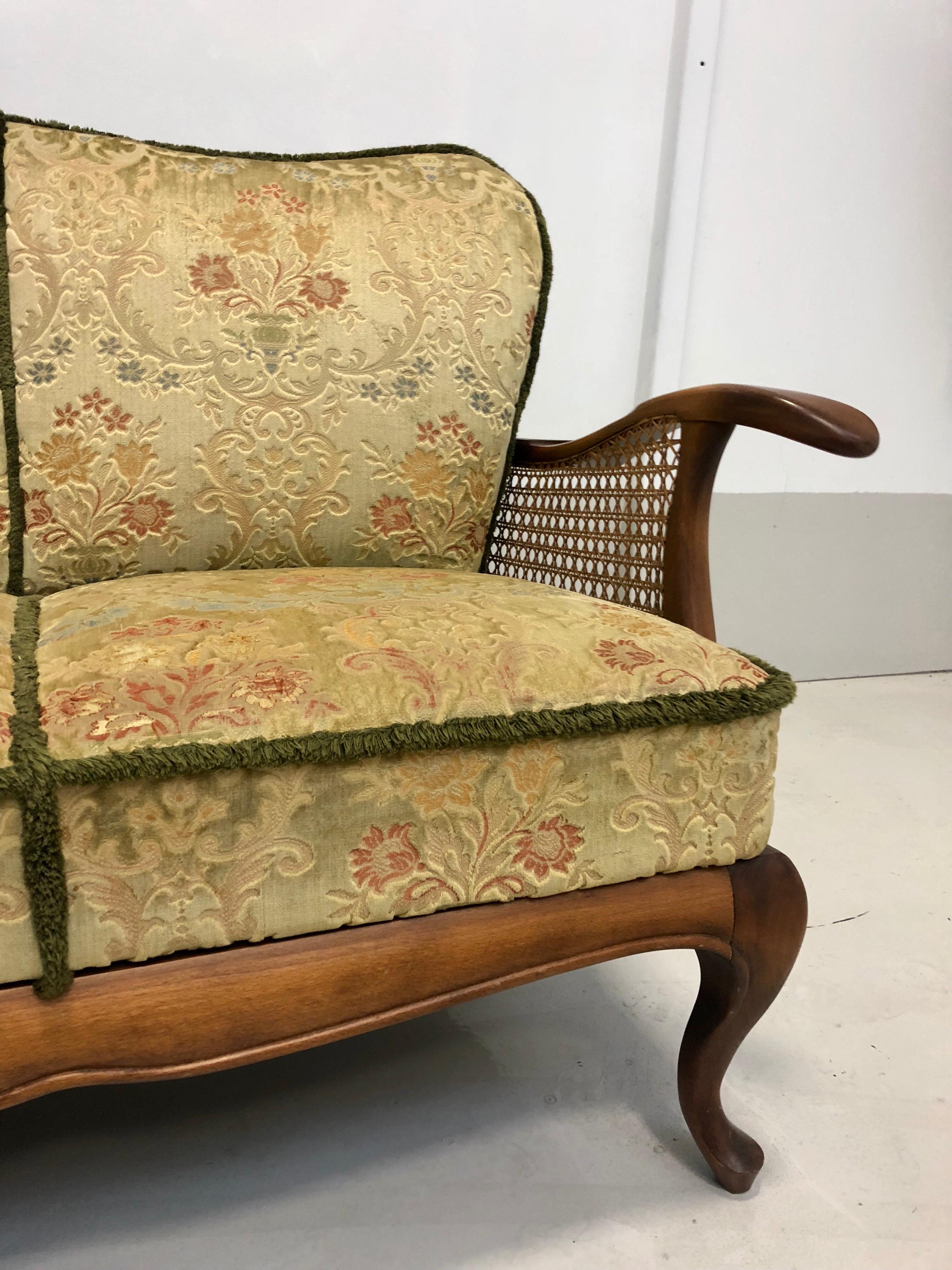 Mid-20th Century Set Of Three Living Room Velour Caned Sofa Couch and Two Armchairs, Italy 