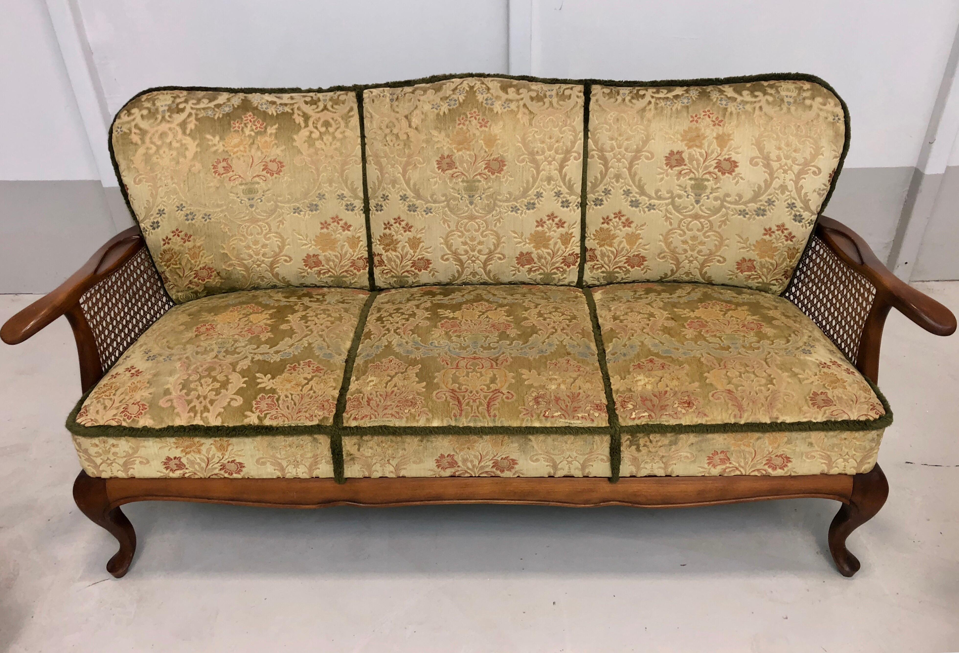 Set Of Three Living Room Velour Caned Sofa Couch and Two Armchairs, Italy  2