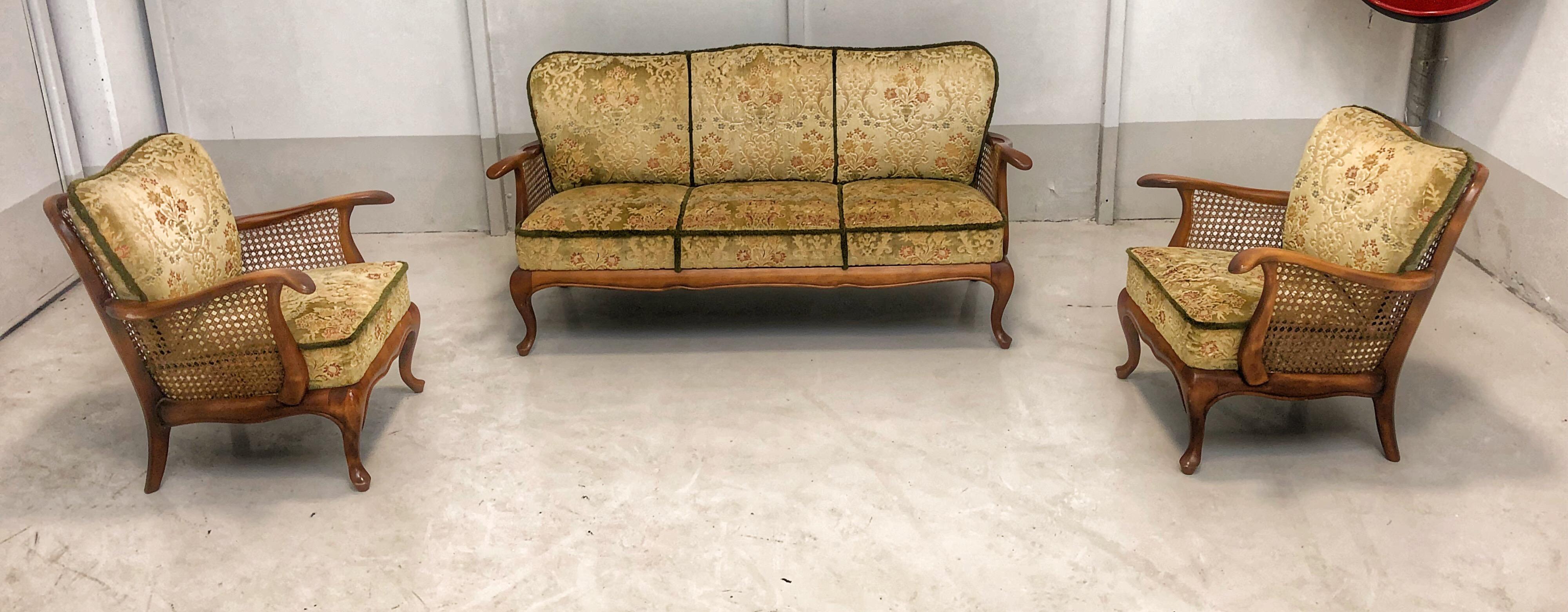 Set Of Three Living Room Velour Caned Sofa Couch and Two Armchairs, Italy  4
