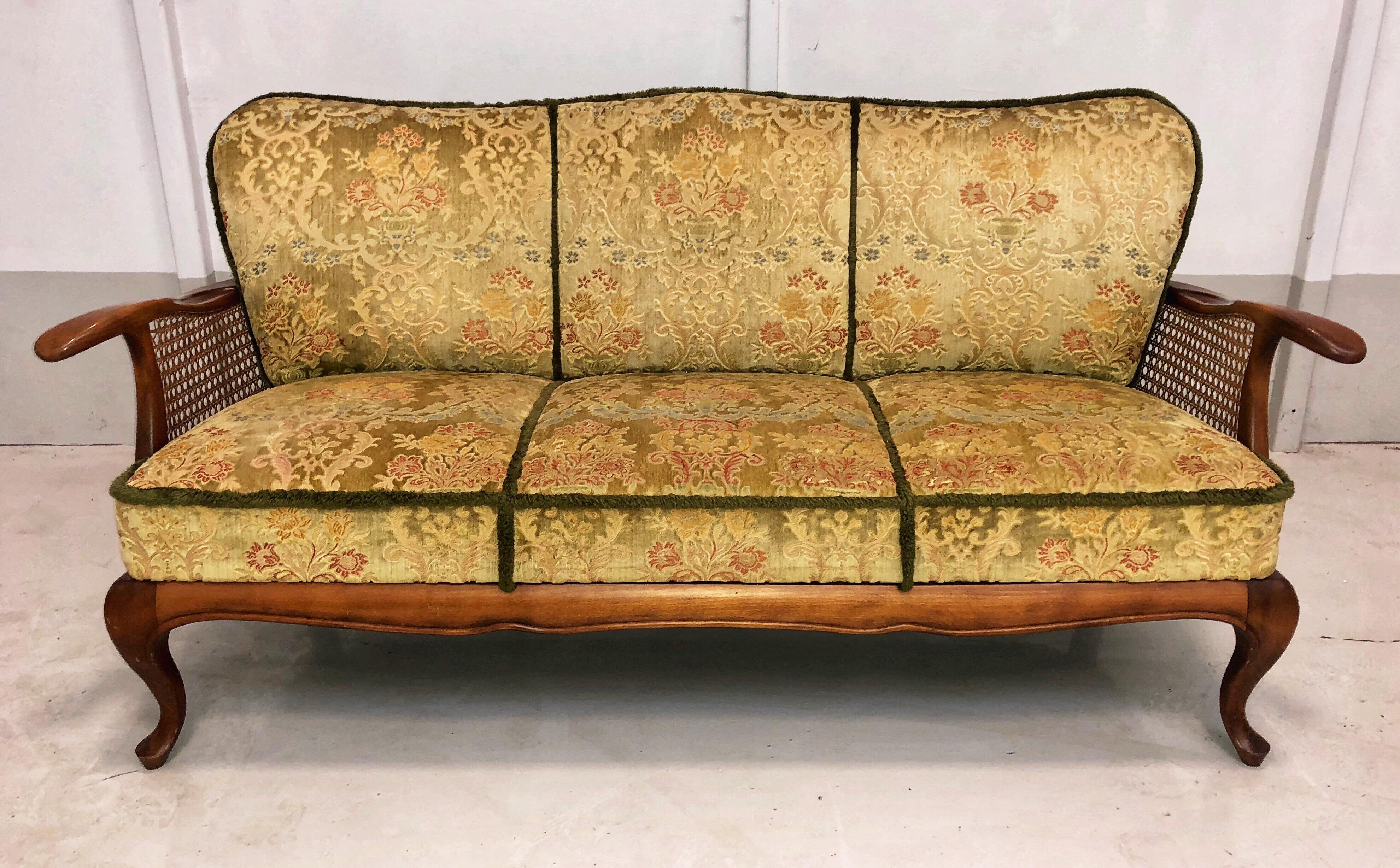 Set Of Three Living Room Velour Caned Sofa Couch and Two Armchairs, Italy  6