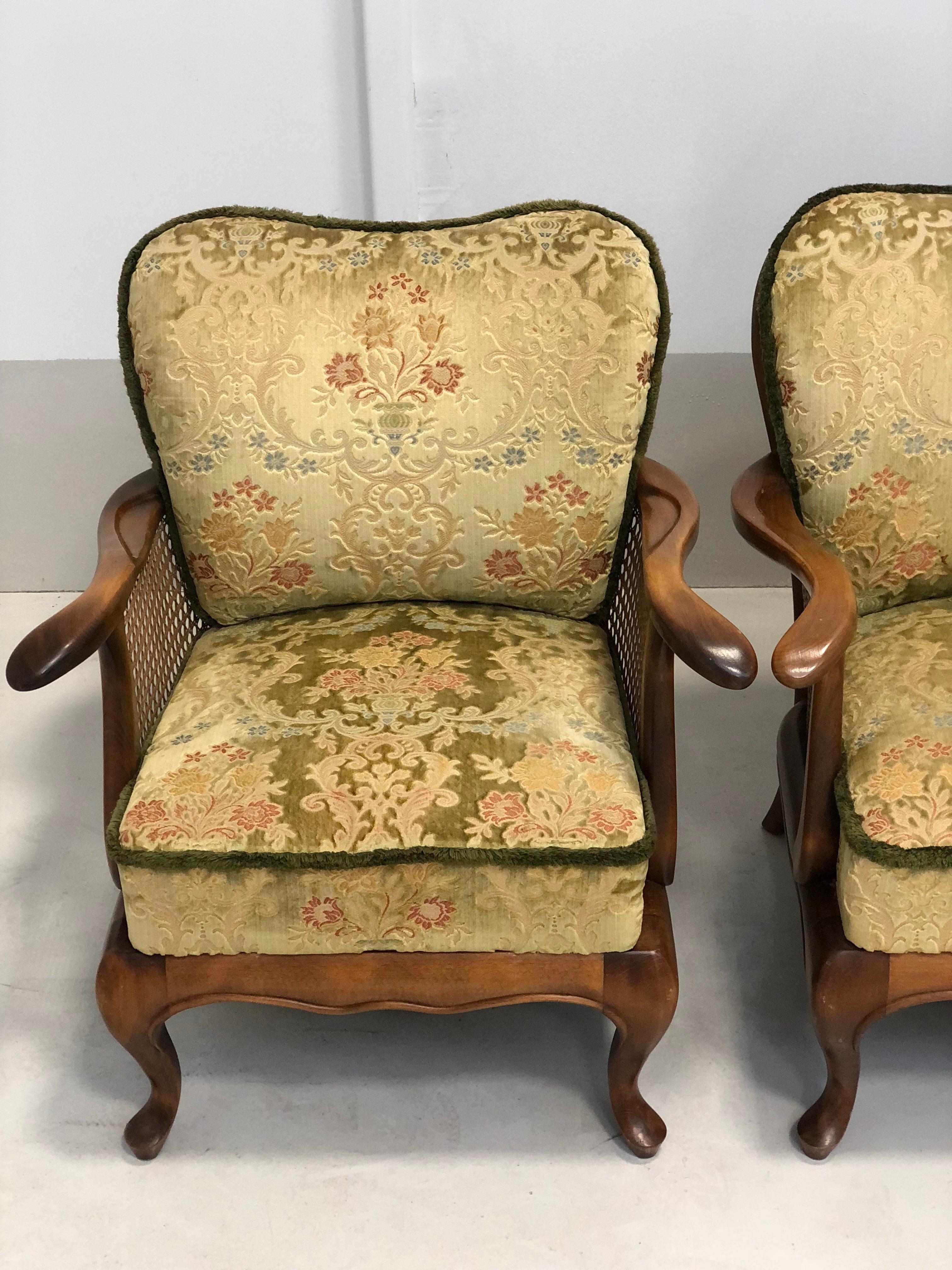 Set Of Three Living Room Velour Caned Sofa Couch and Two Armchairs, Italy  1